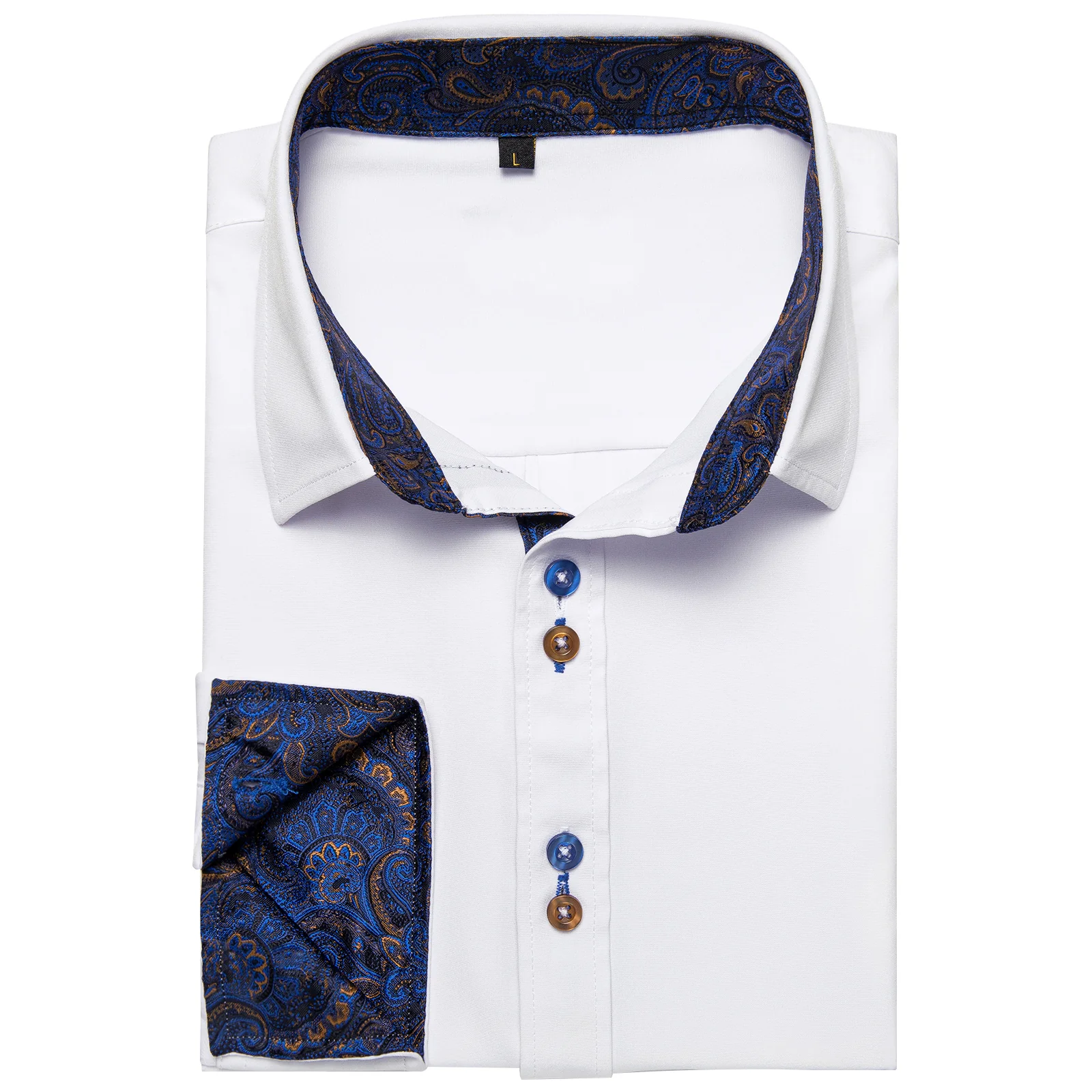 Splicing Style Pure White with Blue Paisley Edge Men's Solid Long Sleeve Shirt