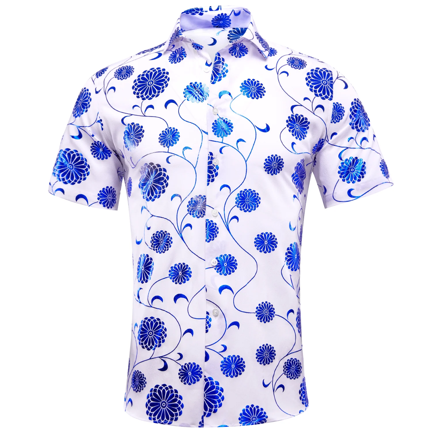 White Shirt with Blue Floral Silk Men's Short Sleeve Shirt