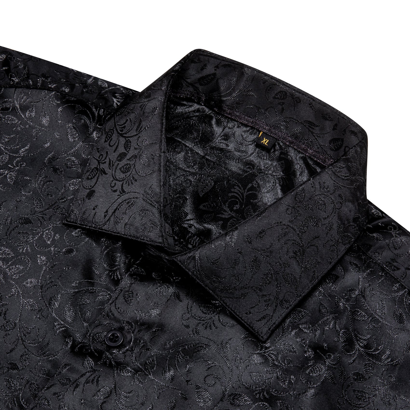 Black Floral Pattern Silk Men's Long Sleeve Shirt