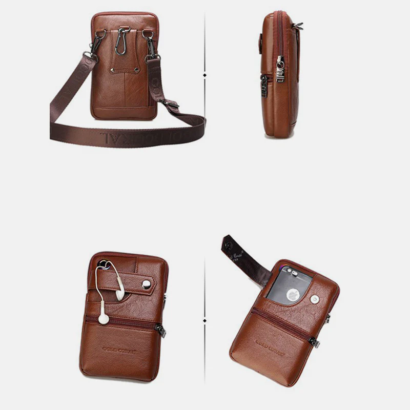 Retro GenuineLeather Business Crossbody PhoneBag With Earphone Hole