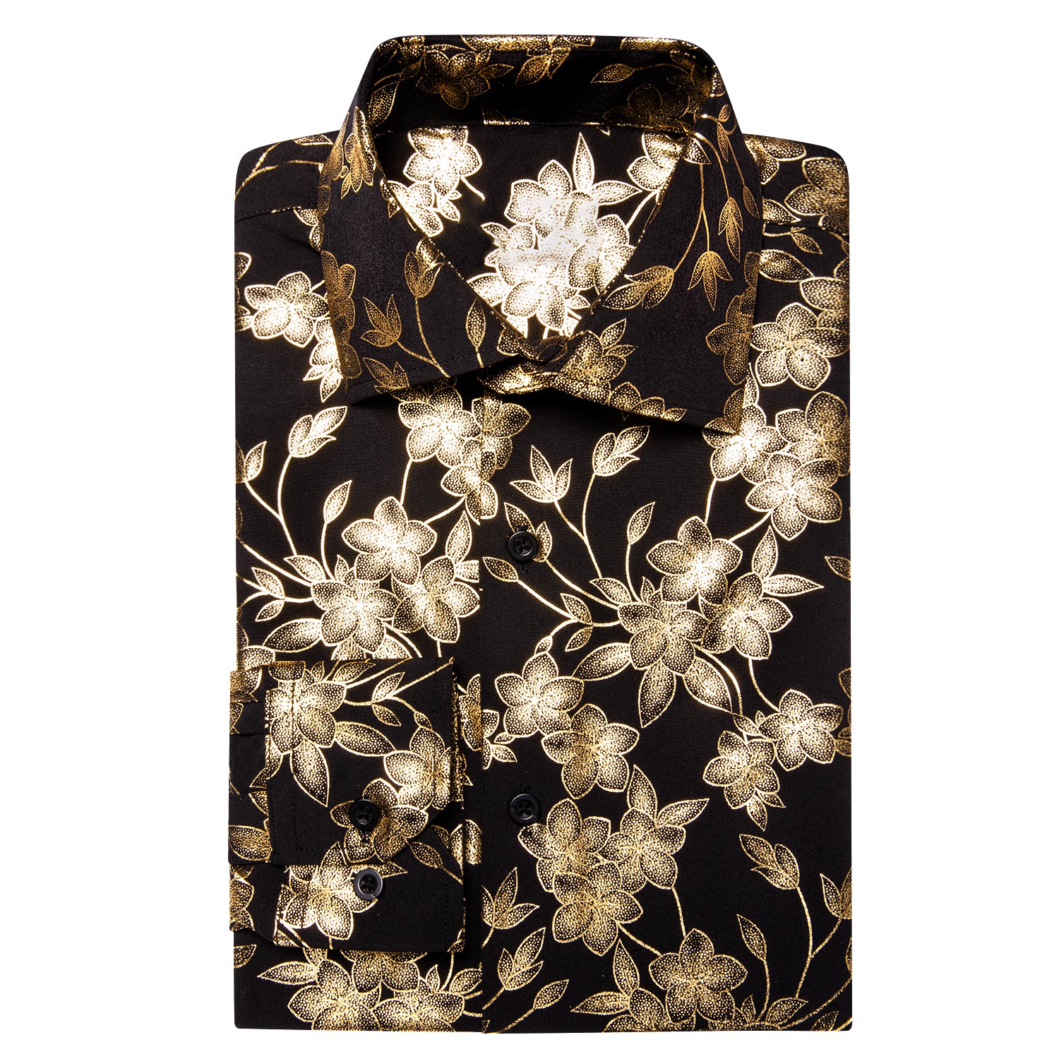 Black Golden Cherry Blossoms Floral Pattern Silk Men's Long Sleeve Shirt