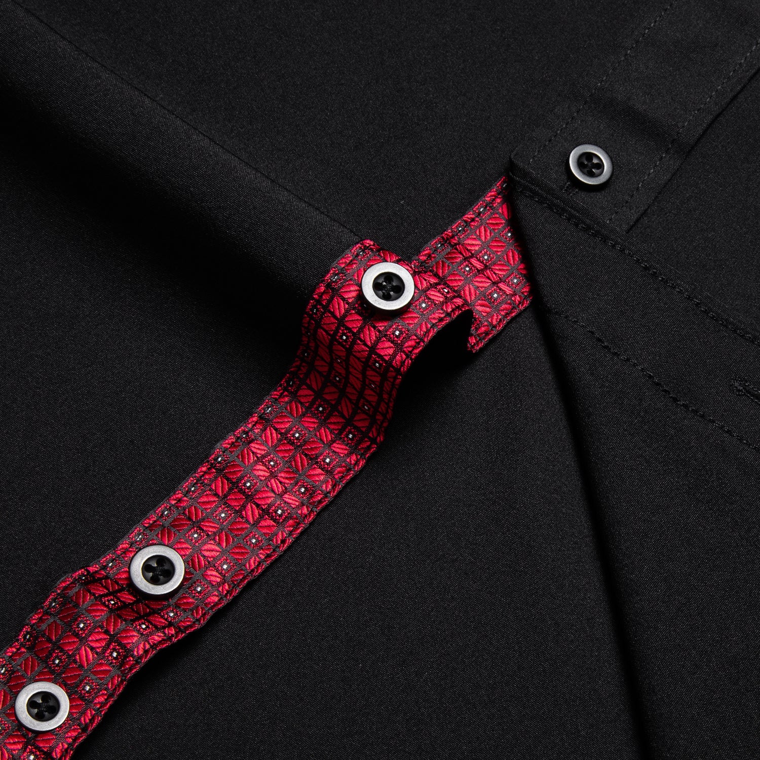 Splicing Style Black with Burgundy Plaid Edge Men's Solid Long Sleeve Shirt