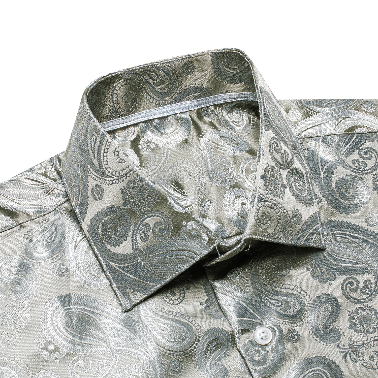 Light Sliver Olive Green Paisley Silk Men's Long Sleeve Shirt