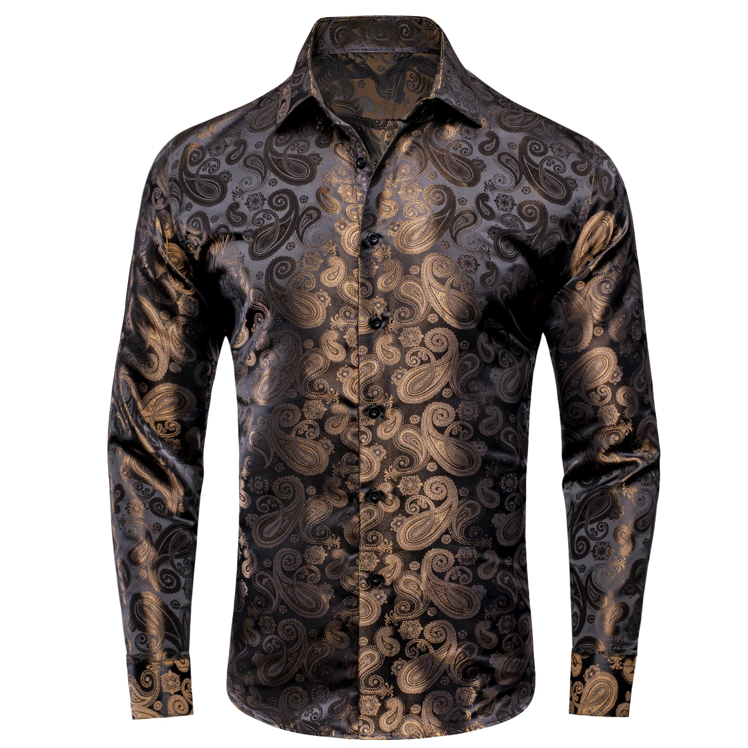 Classic Black Brown Paisley Silk Men's Long Sleeve Shirt