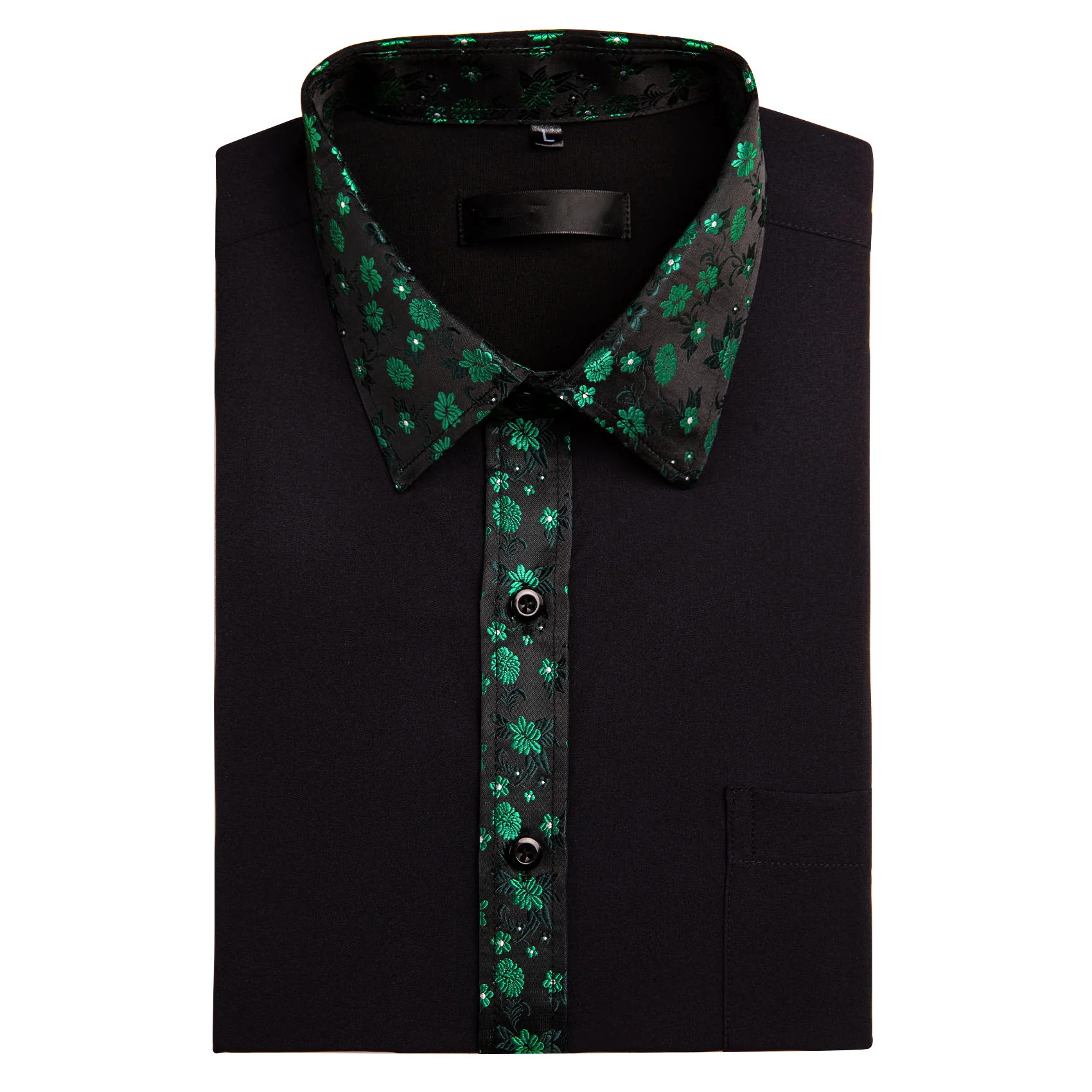 Splicing Style Black with Green Flower Edge Men's Long Sleeve Shirt