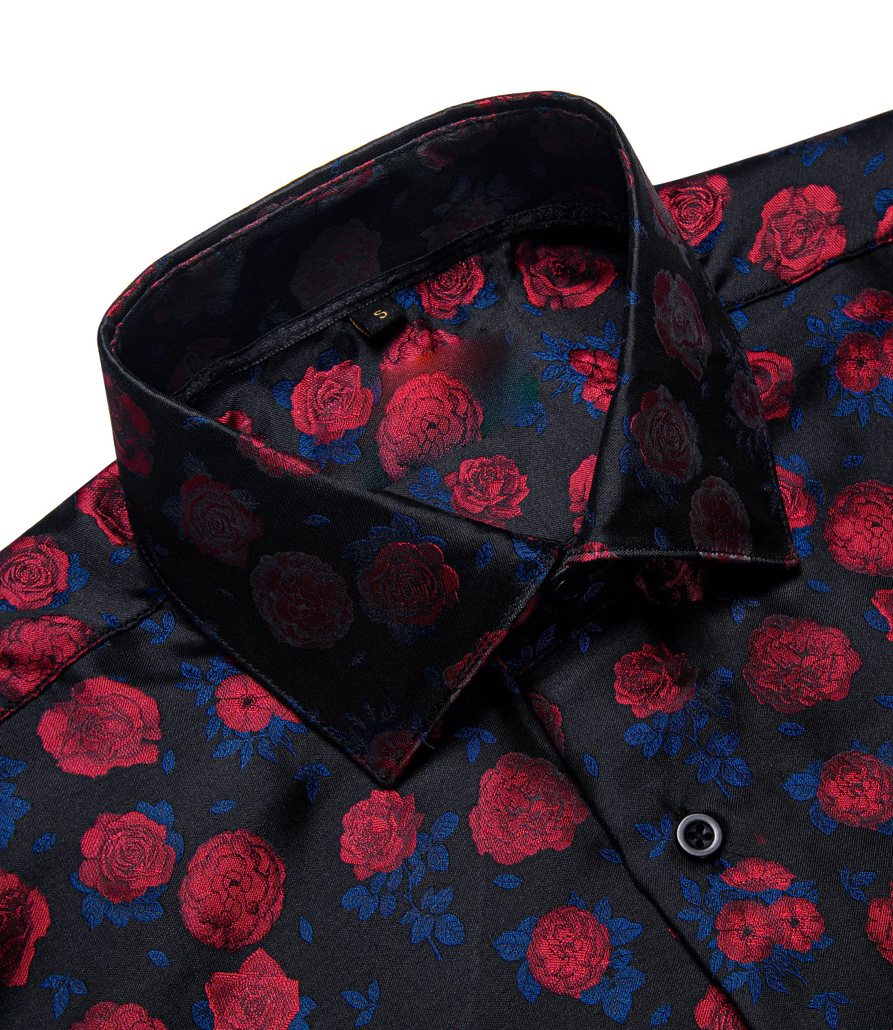 Black Red Rose Floral Silk Men's Long Sleeve Shirt