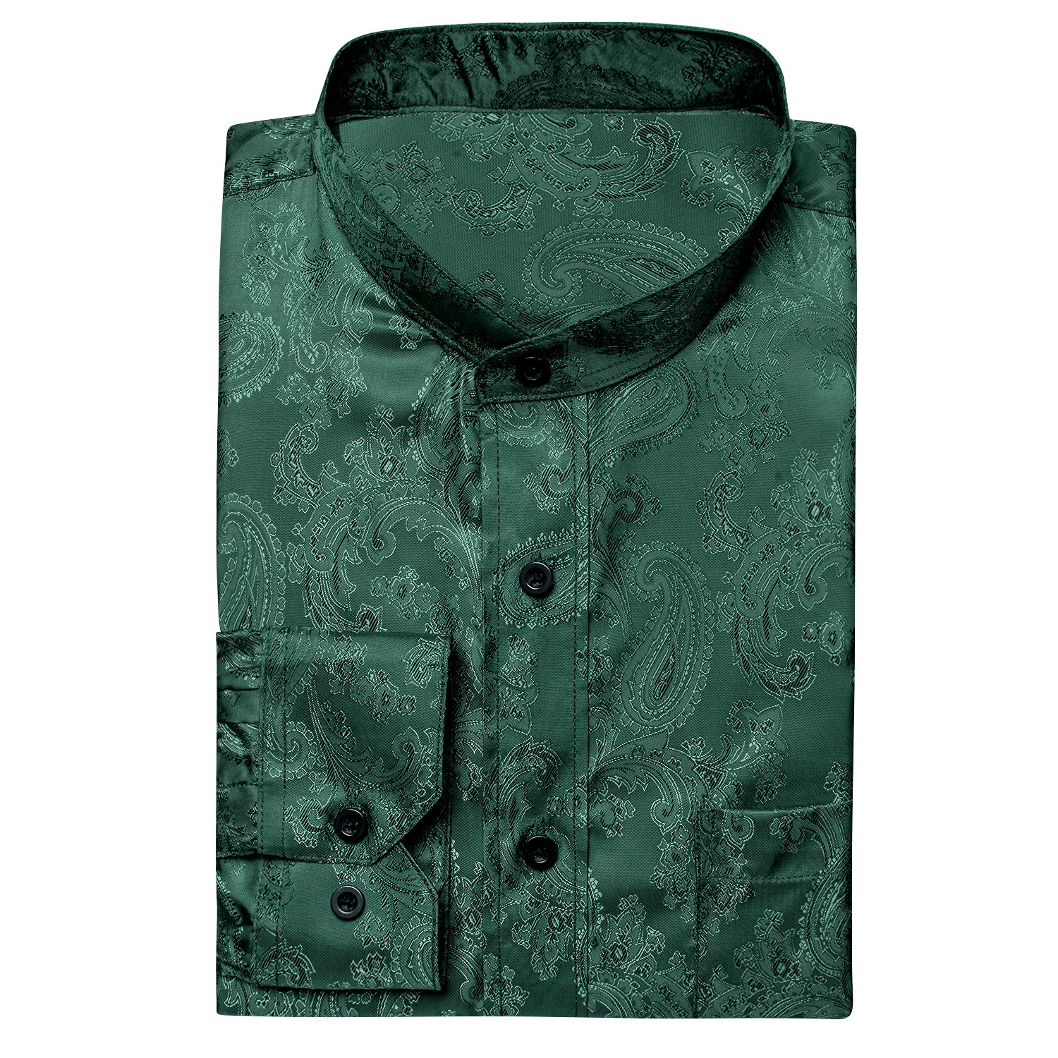 Dark Green Paisley Silk Men's Long Sleeve Collarless Shirt