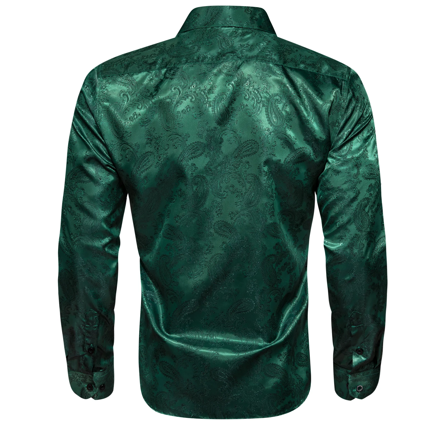 Dark Green Paisley Style Casual Silk Men's Long Sleeve Button Shirt
