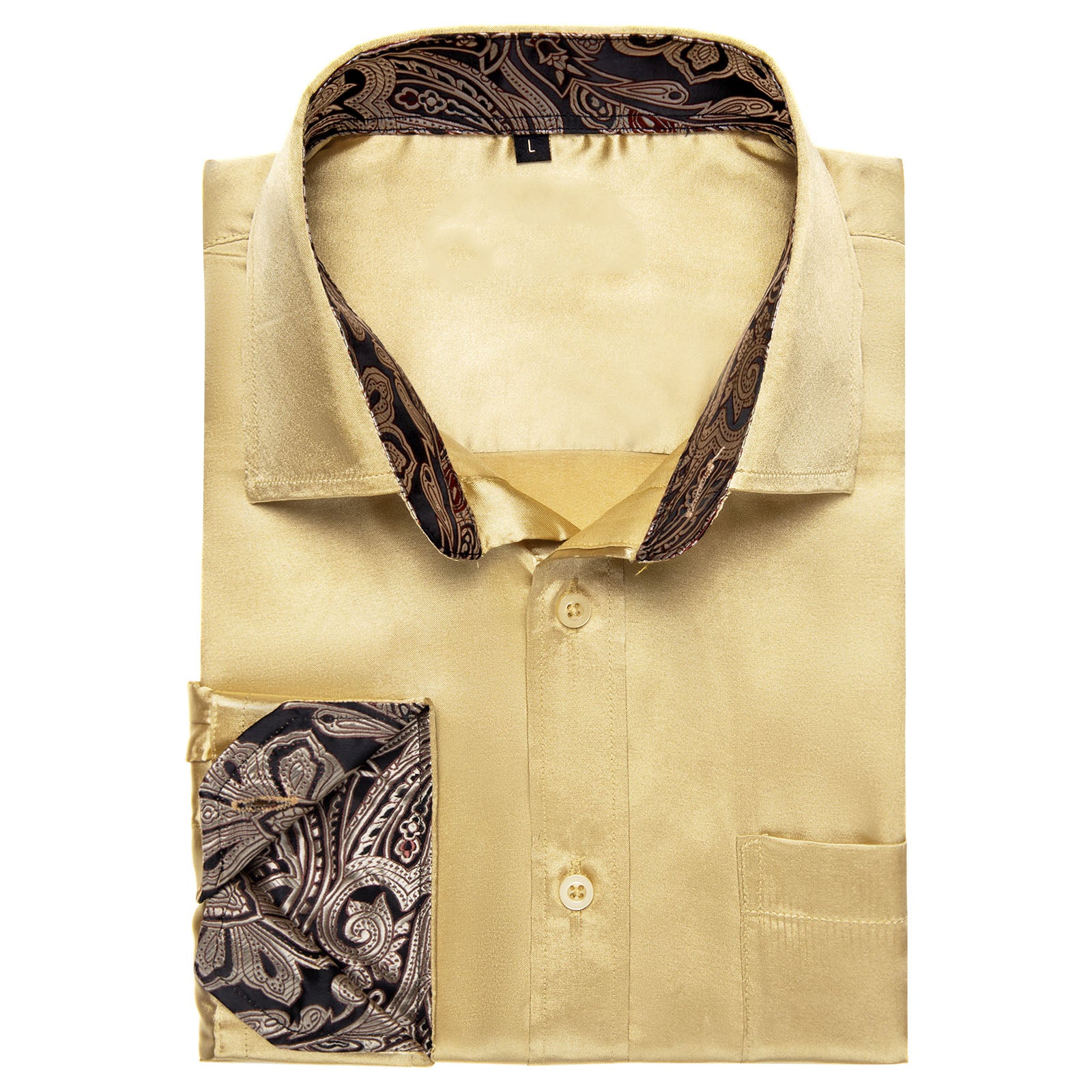 Splicing Style Champagne Golden with Black Paisley Edge Men's Solid Long Sleeve Shirt