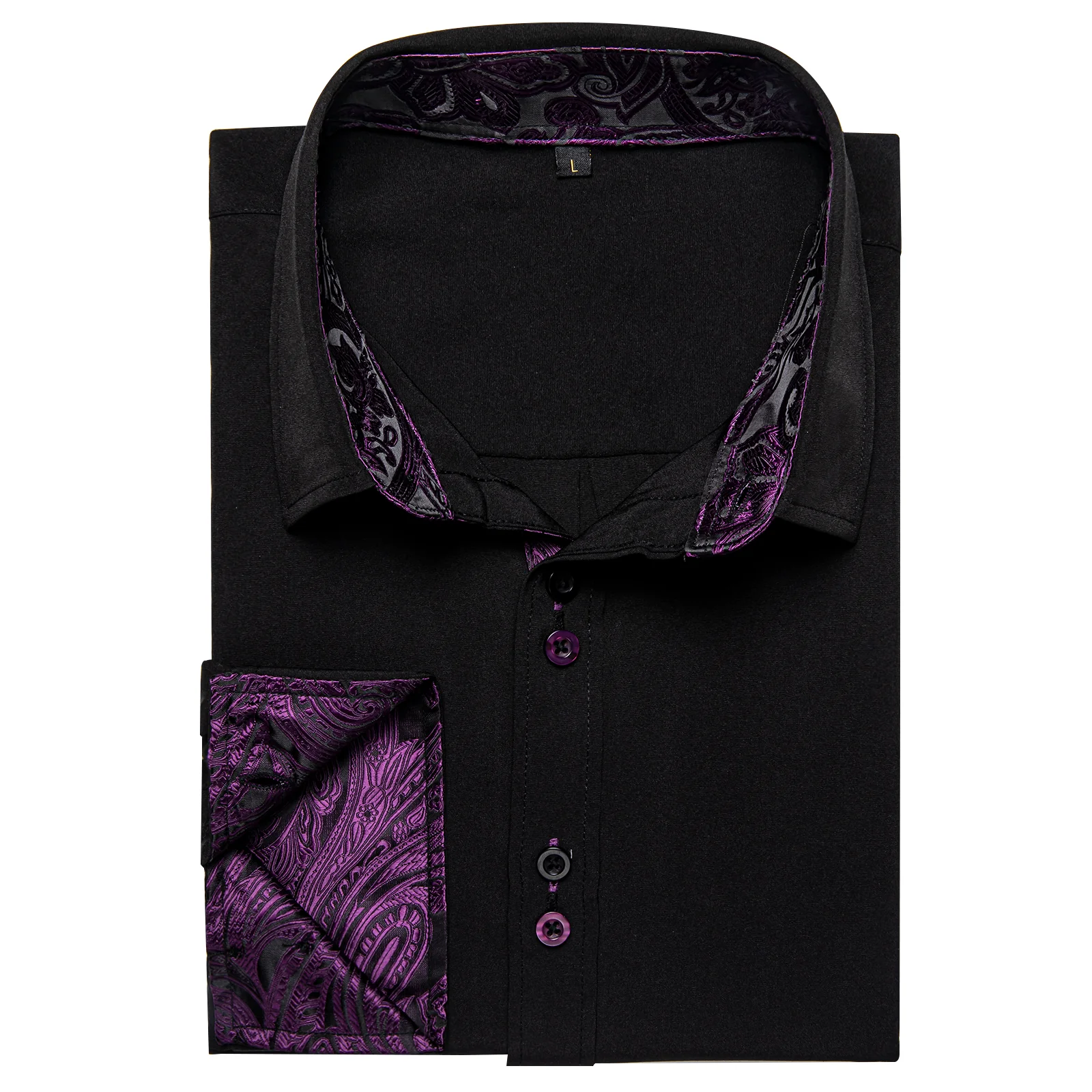New Splicing Style Black with Purple Paisley Edge Men's Long Sleeve Shirt