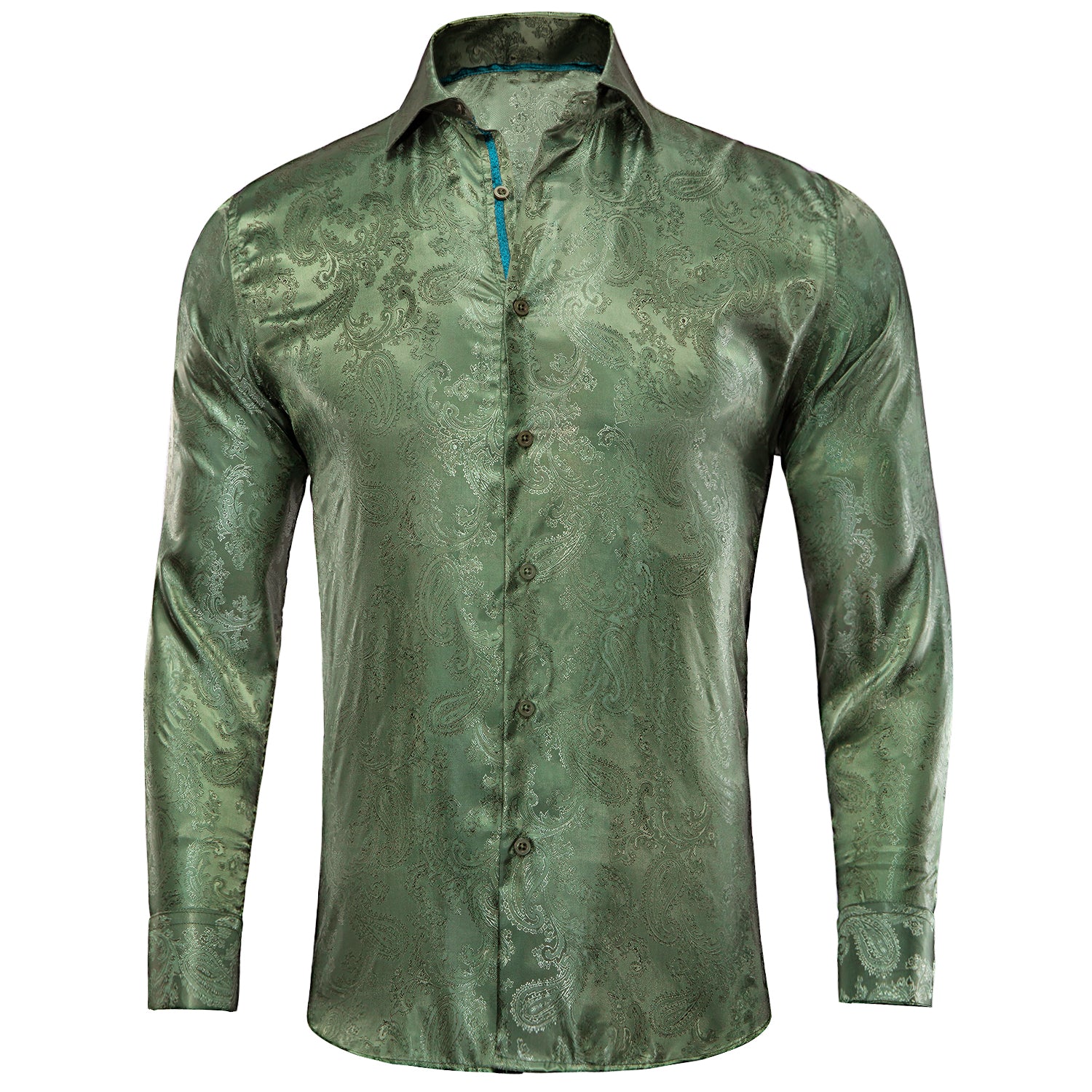 New Olive Green Paisley Silk Men's Long Sleeve Shirt