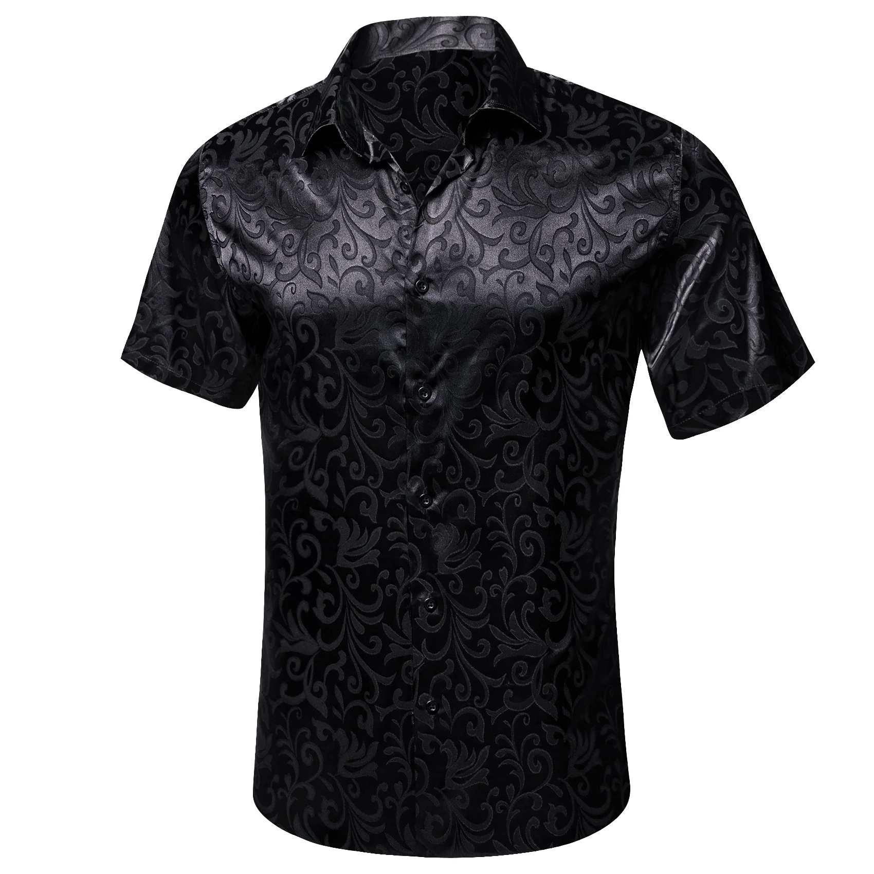 Black Floral Leaf Silk Men's Short Sleeve Shirt