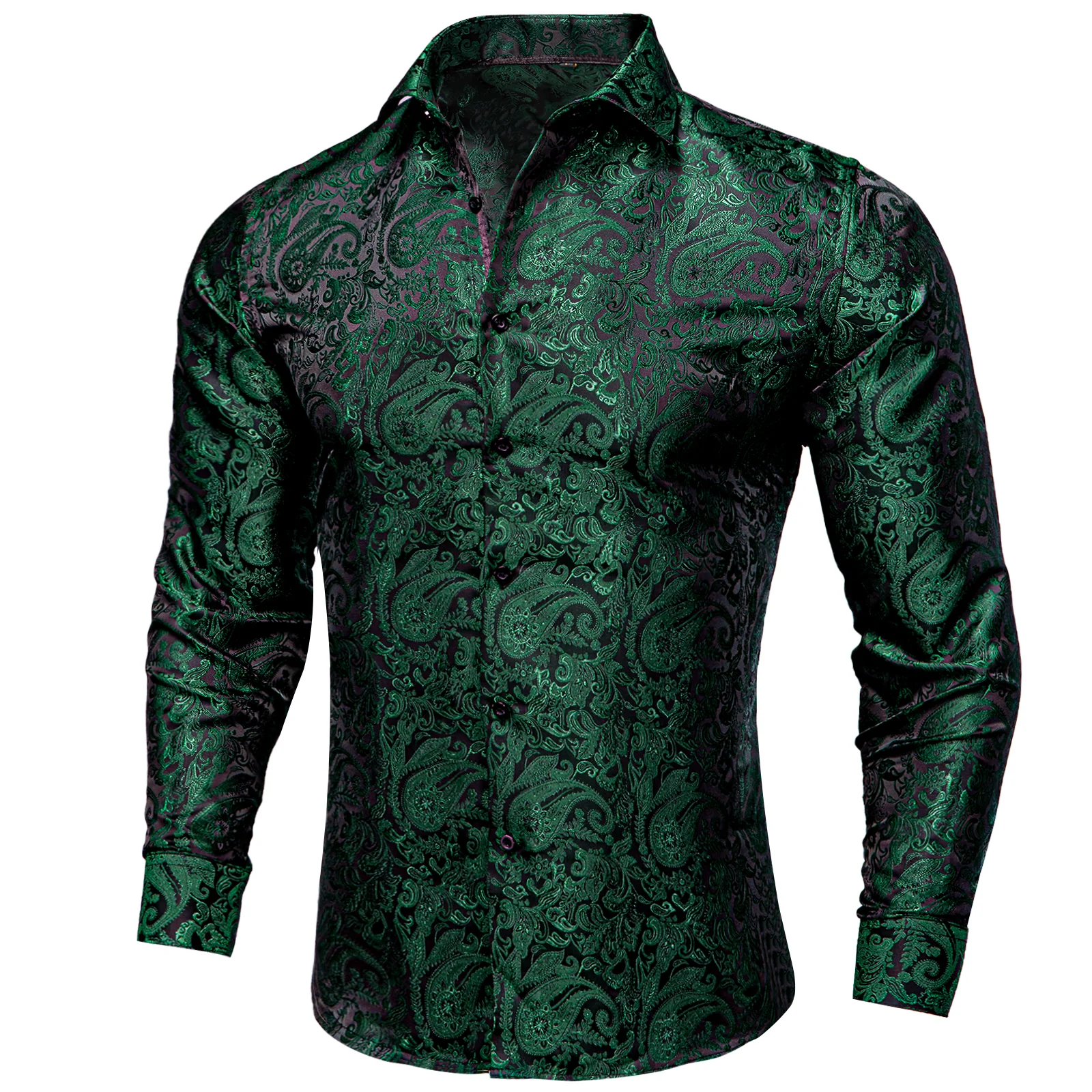 Dark Green Paisley Pattern Silk Men's Long Sleeve Shirt