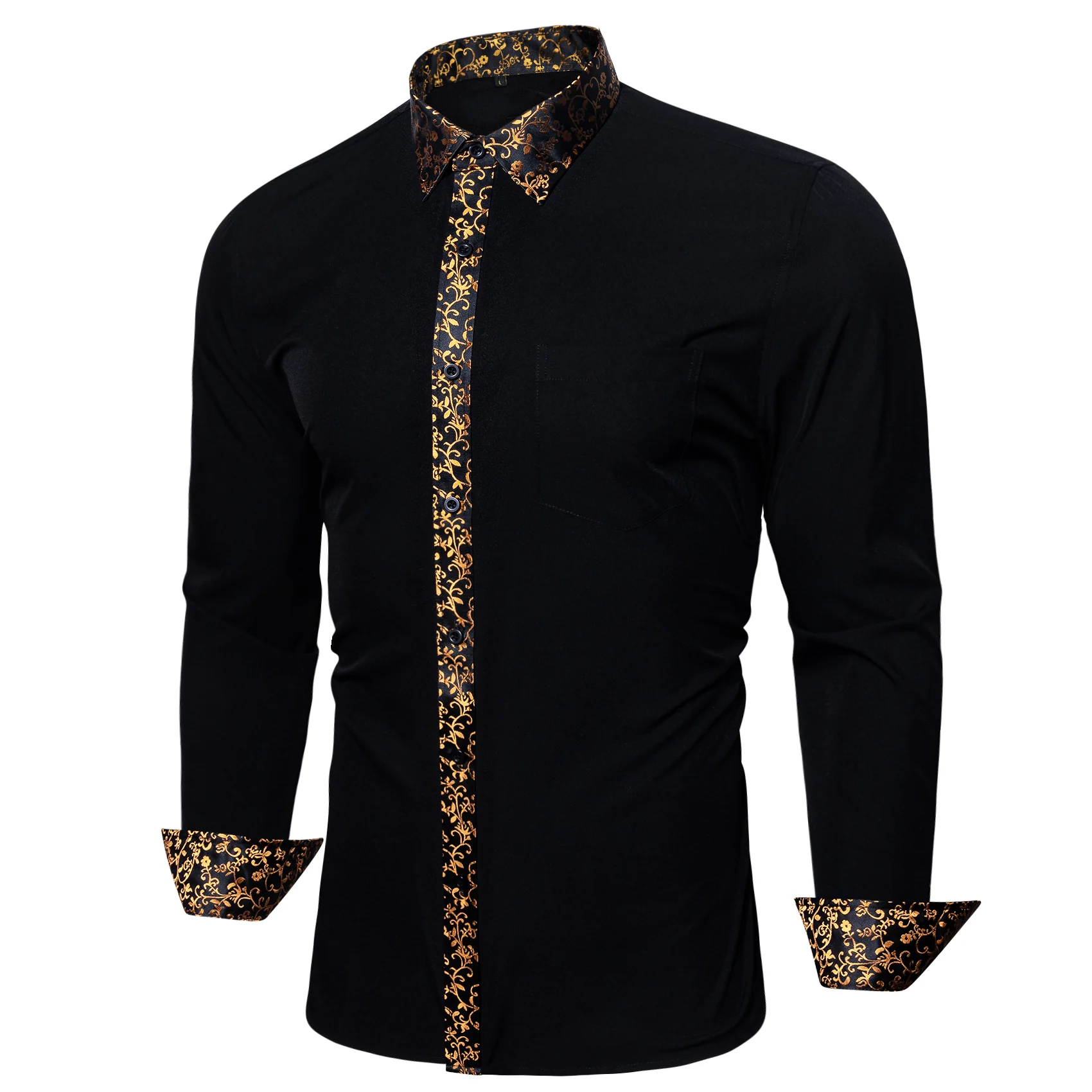 Splicing Style White with Golden Floral Edge Men's Long Sleeve Shirt