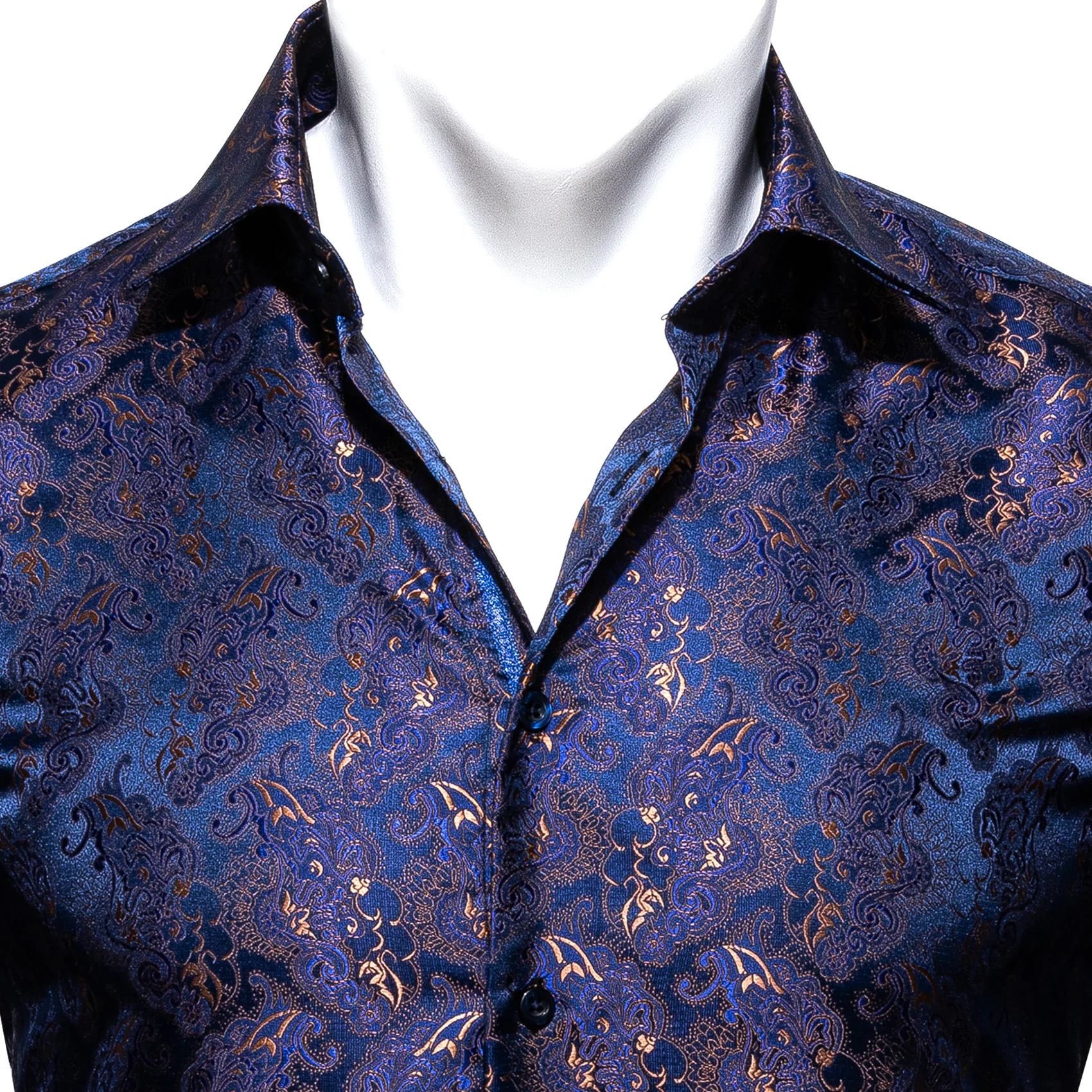Blue Golden Floral Silk Men's Long Sleeve Shirt