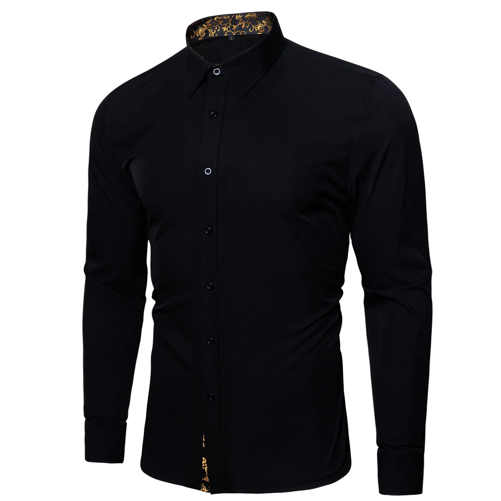 New Splicing Style Black with Golden Floral Edge Men's Long Sleeve Shirt