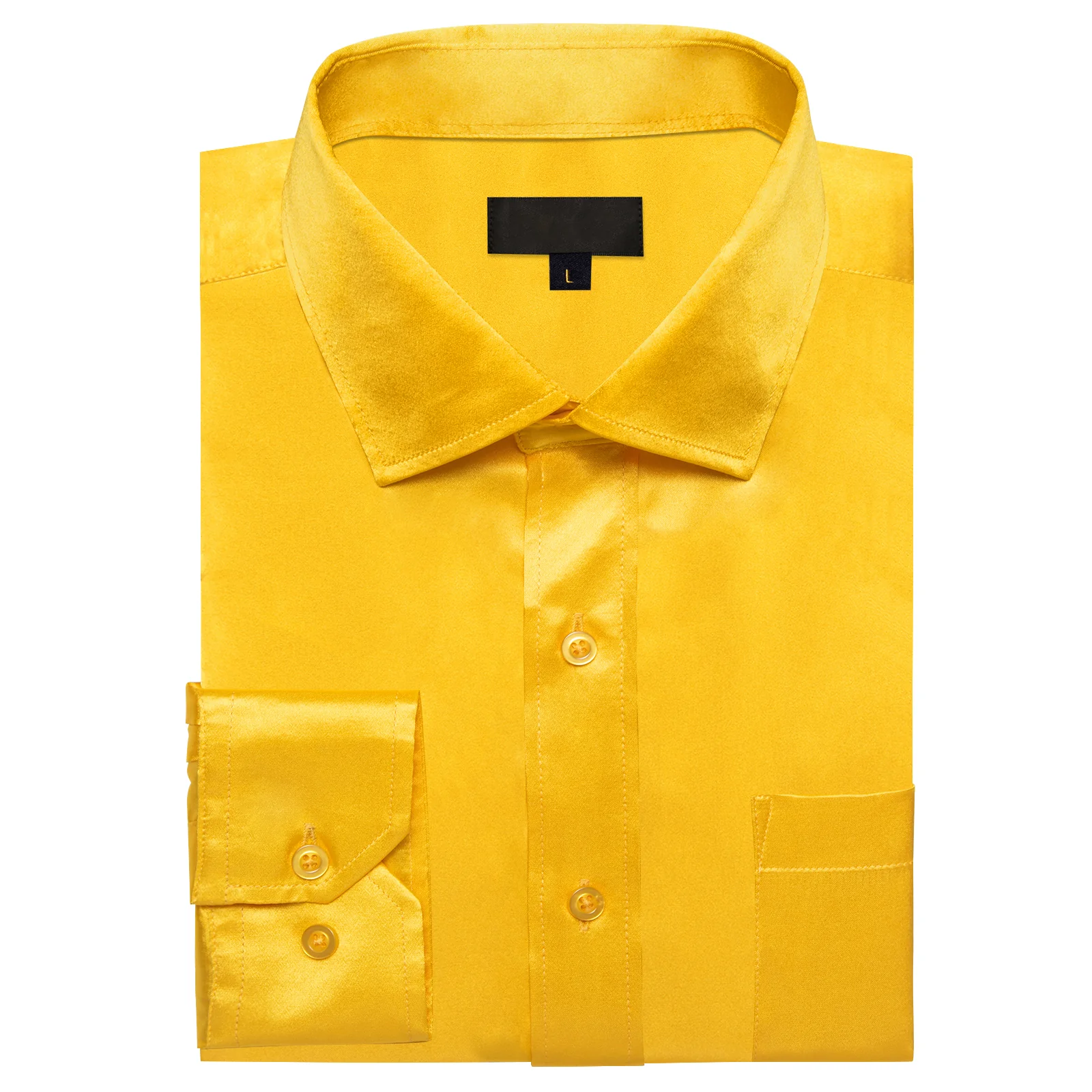 Amber Yellow Solid Satin Silk Men's Long Sleeve Business Shirt