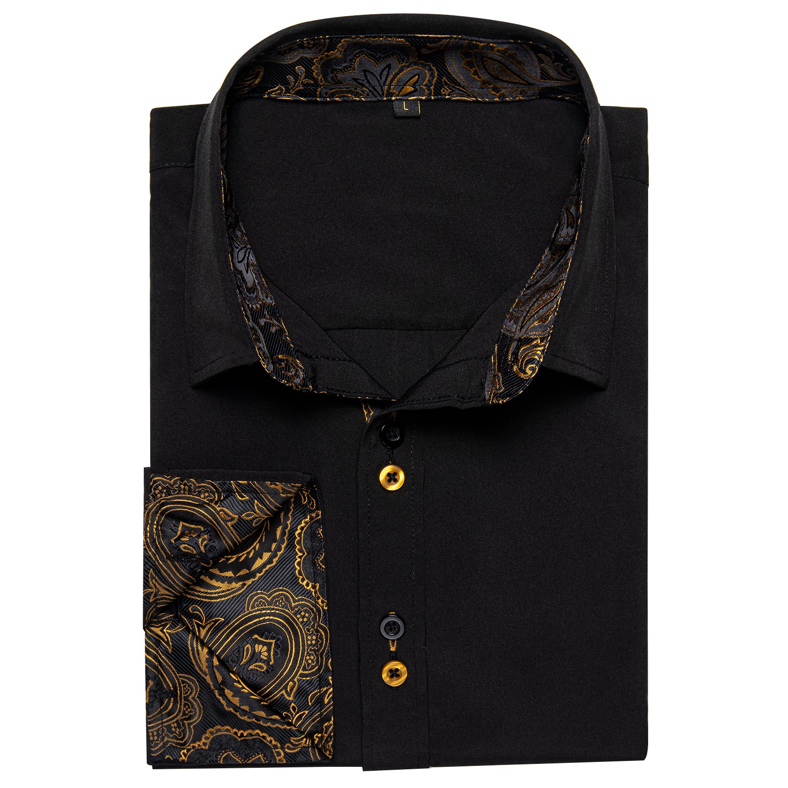New Splicing Style Black with Golden Paisley Edge Men's Long Sleeve Shirt