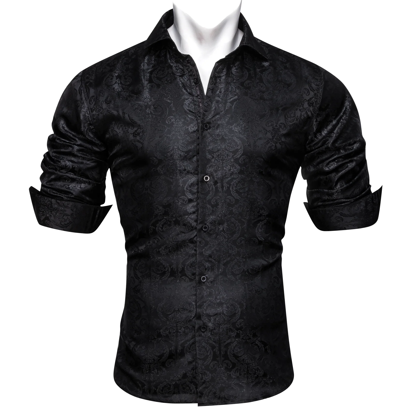 New Black Floral Pattern Silk Men's Long Sleeve Shirt