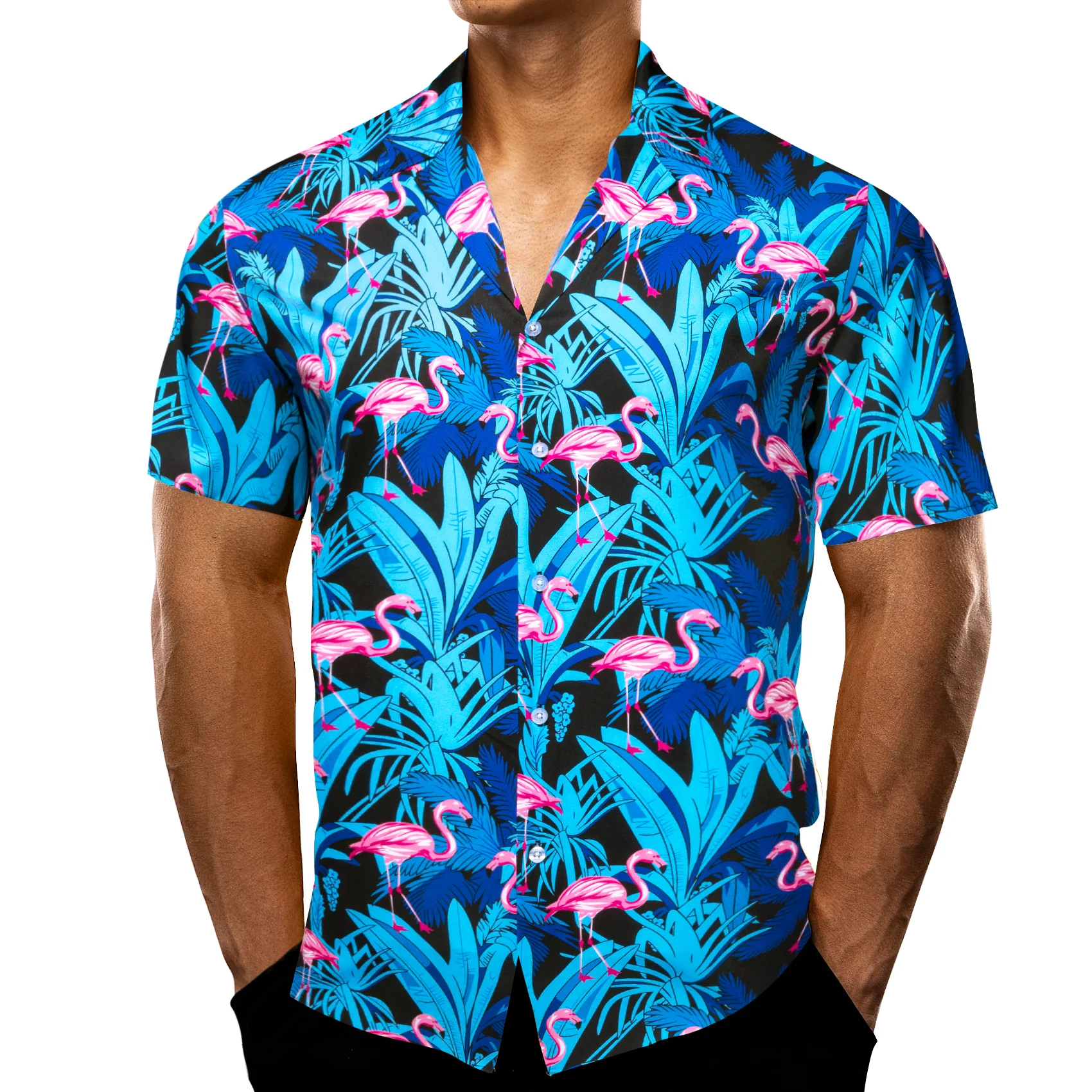 Blue Pink Flamingo Novelty Men's Short Sleeve Summer Shirt