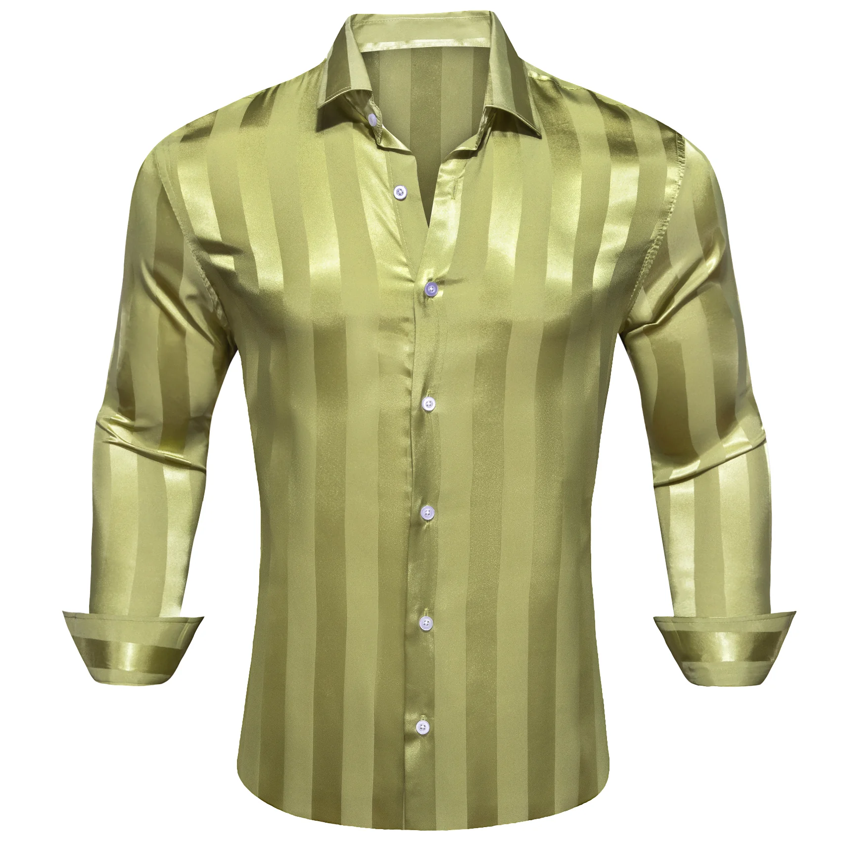 Cream Green Striped Shiny Satin Men's Long Sleeve Shirt