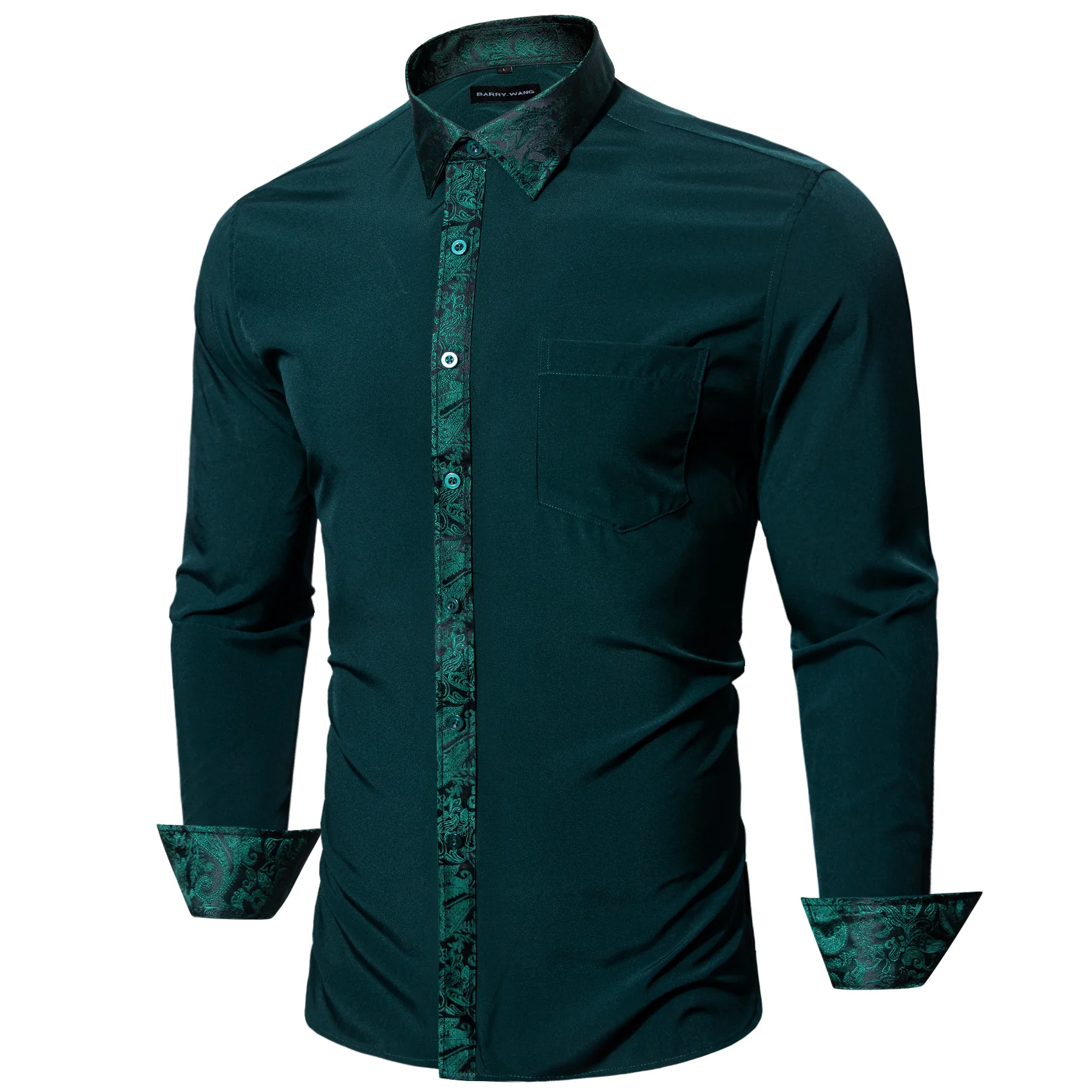 Splicing Style Dark Green with Green Paisley Edge Men's Long Sleeve Shirt