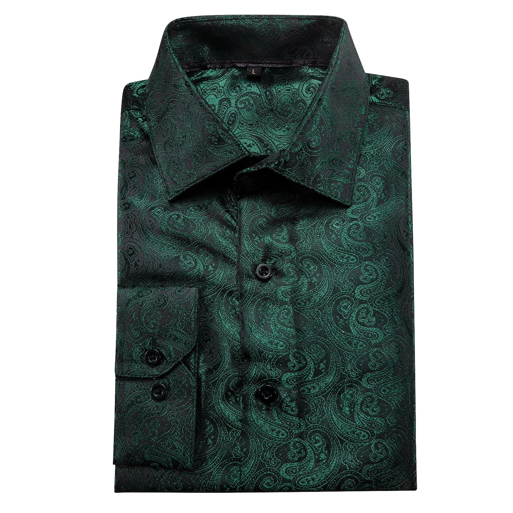 Dark Green Paisley Pattern Silk Men's Long Sleeve Shirt