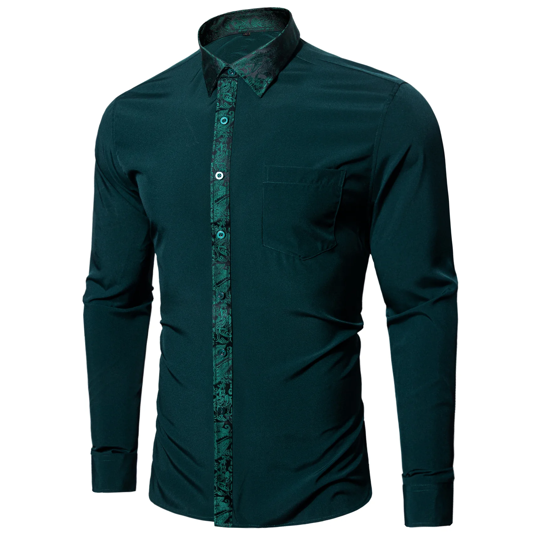 Splicing Style Dark Green with Green Paisley Edge Men's Long Sleeve Shirt