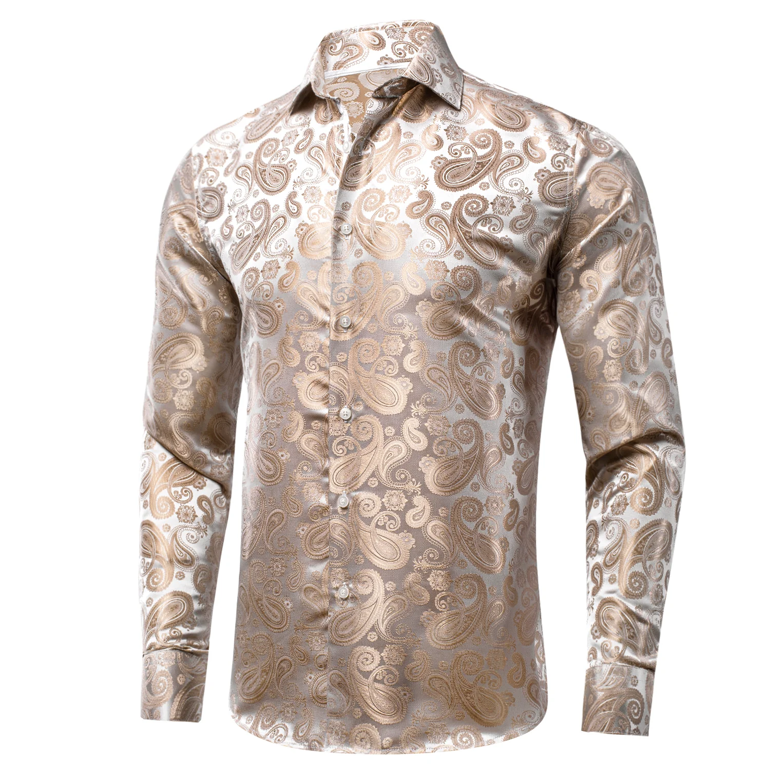 Champagne Brown Paisley Silk Men's Long Sleeve Shirt