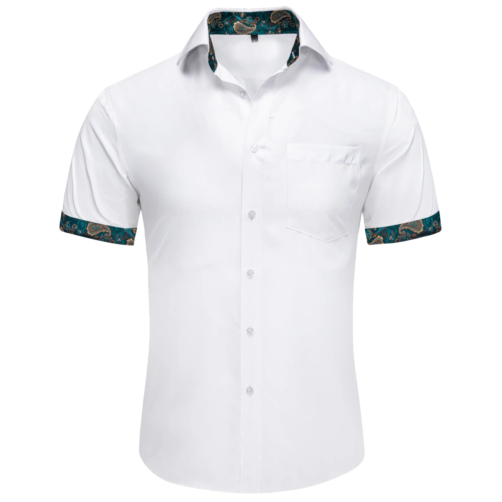 Splicing Style White with Green Paisley Silk Men's Short Sleeve Shirt