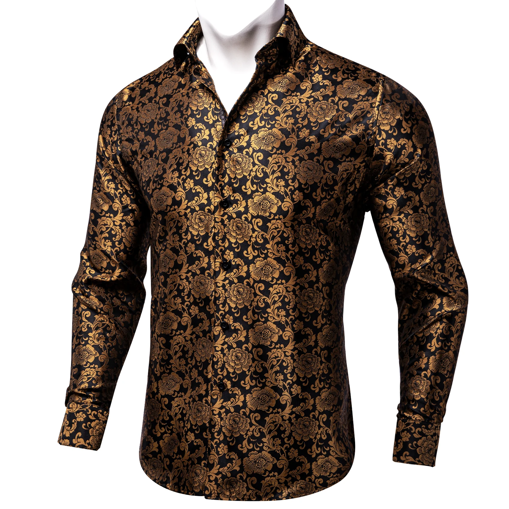 New Golden Brown Floral Silk Men's Long Sleeve Shirt