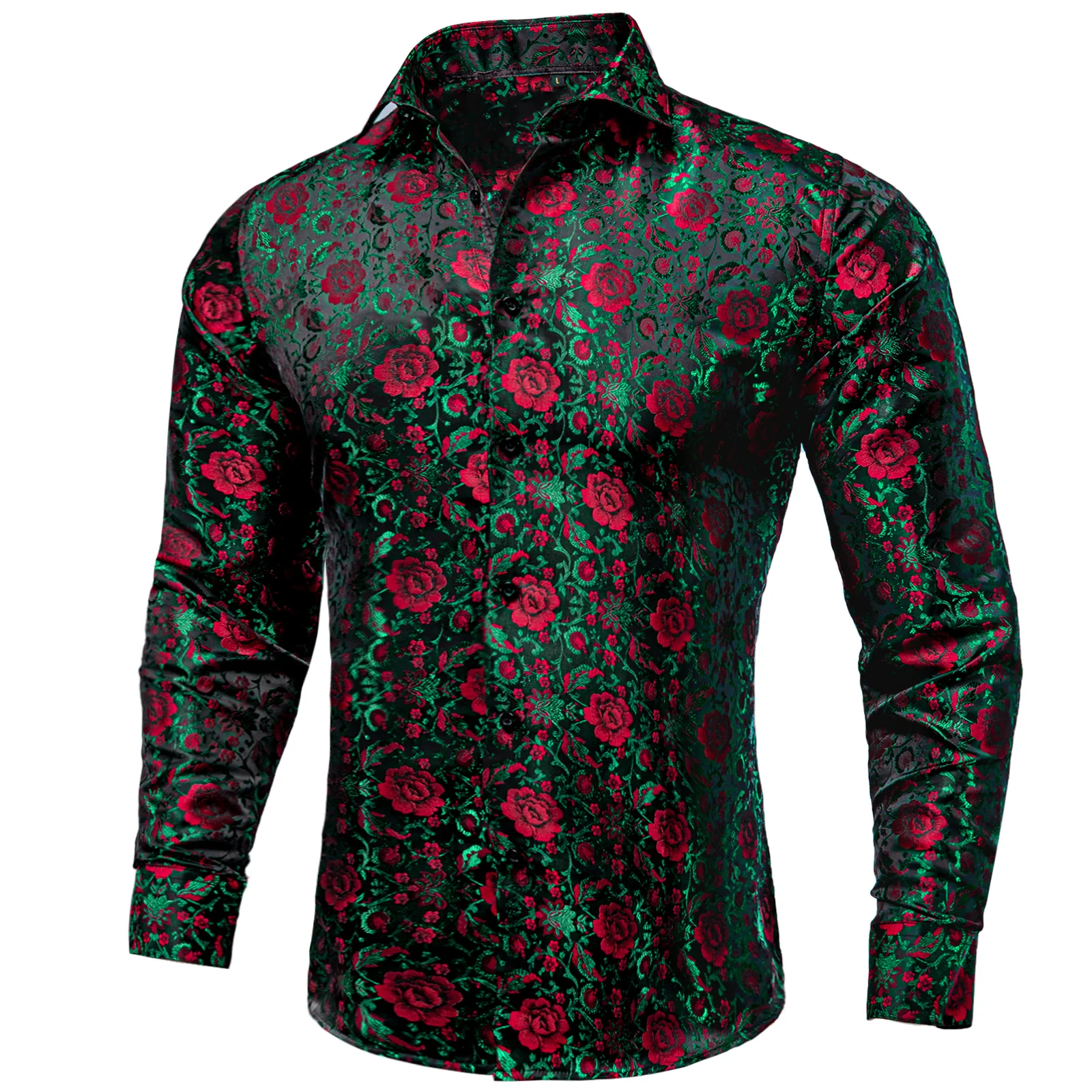 Dark Green Red Floral Pattern Silk Men's Long Sleeve Shirt