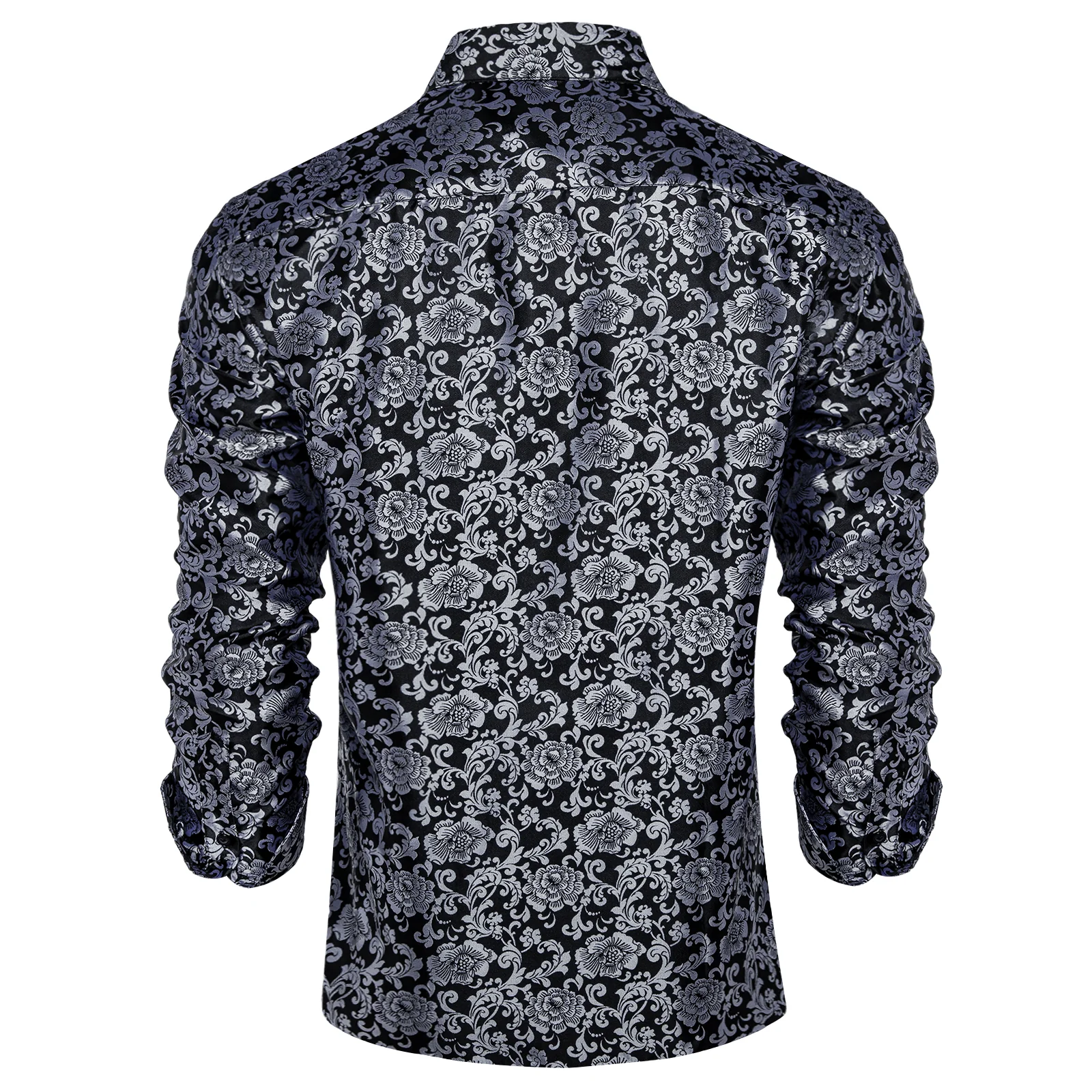 Black White Floral Silk Men's Long Sleeve Shirt