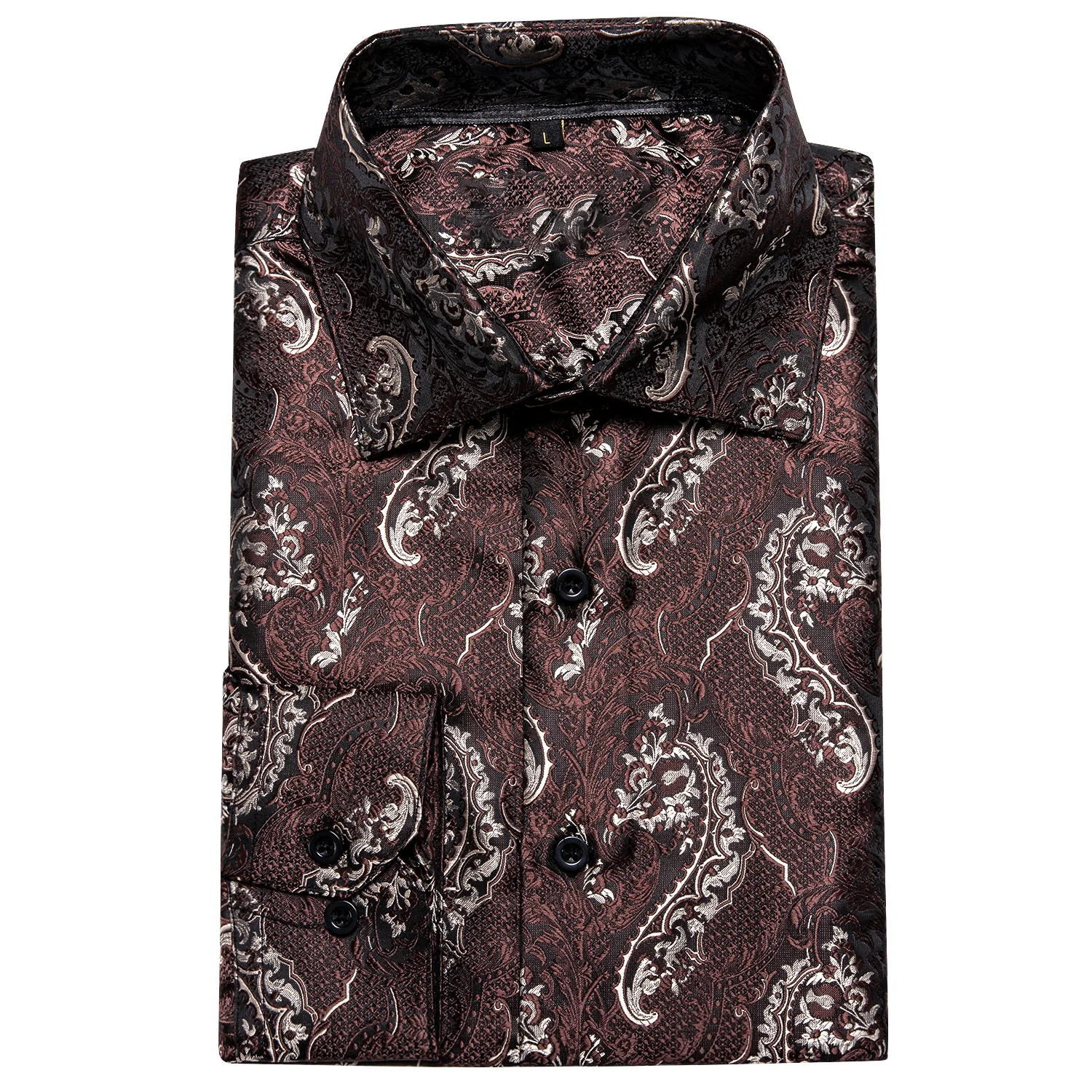 New Brown Floral Pattern Silk Men's Long Sleeve Shirt