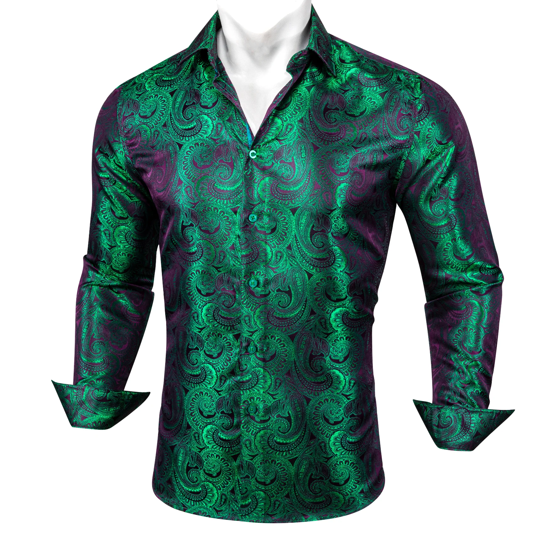 New Luxury Purple Green Gradient Paisley Pattern Silk Men's Long Sleeve Shirt