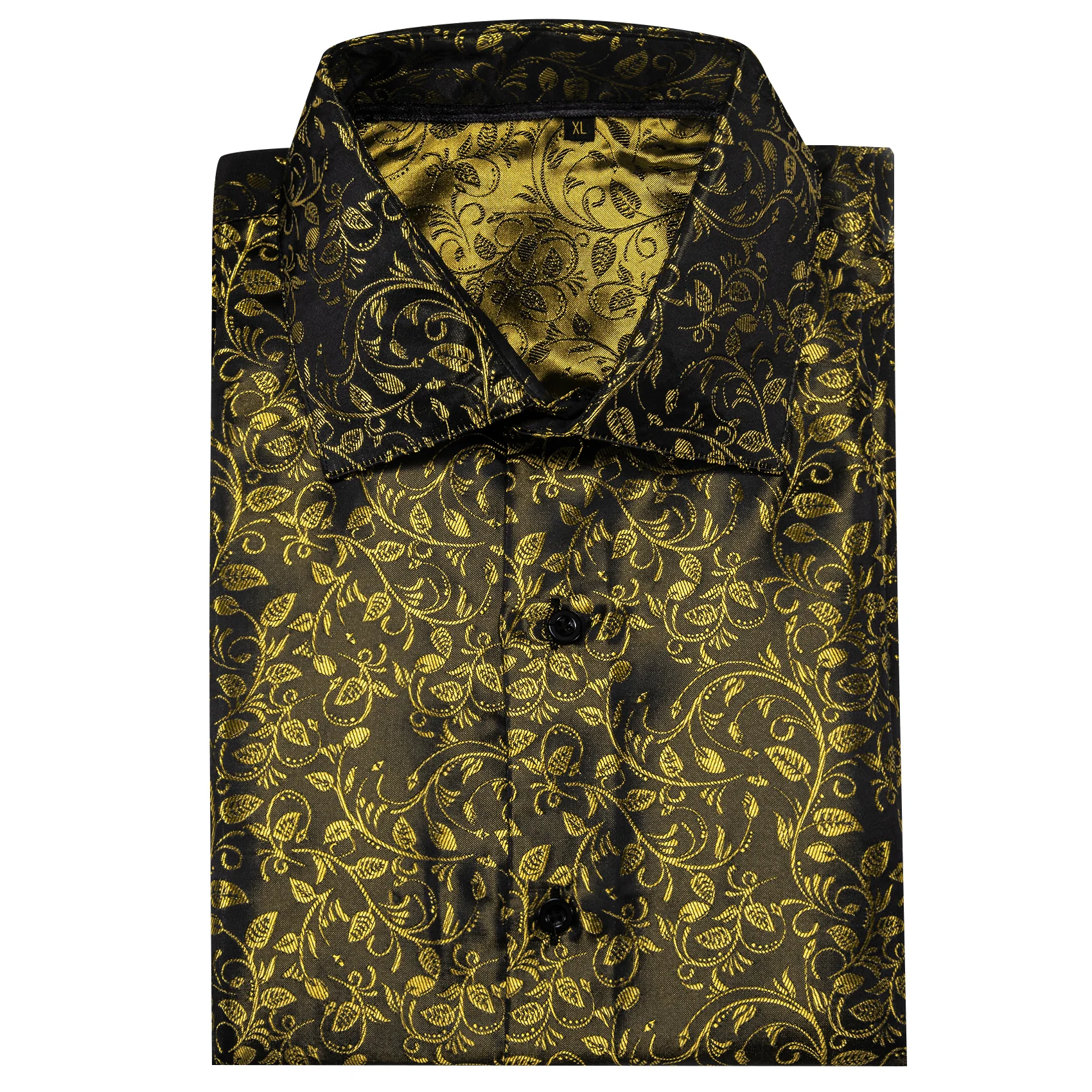 New Black Golden Floral Pattern Silk Men's Long Sleeve Shirt