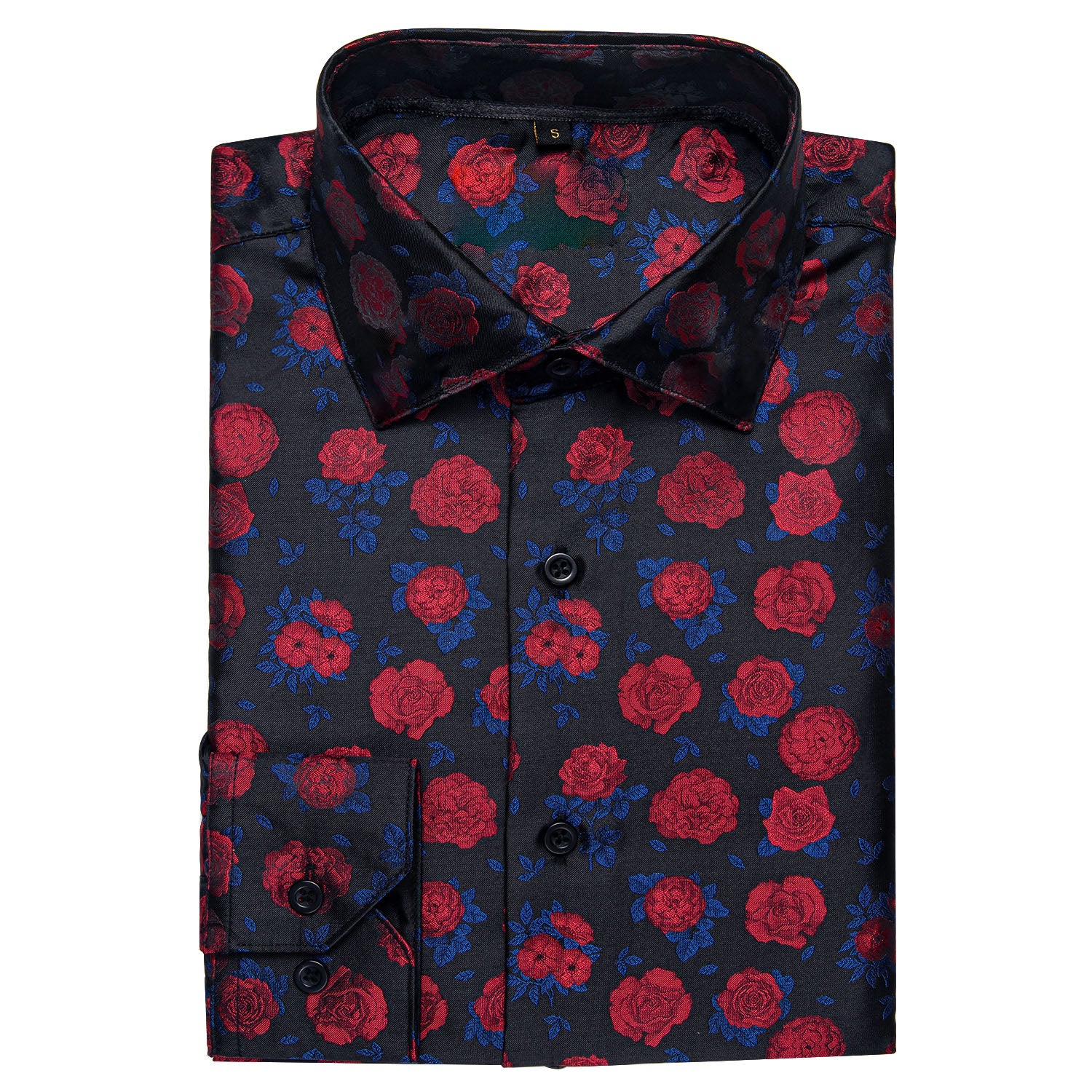 Black Red Rose Floral Silk Men's Long Sleeve Shirt