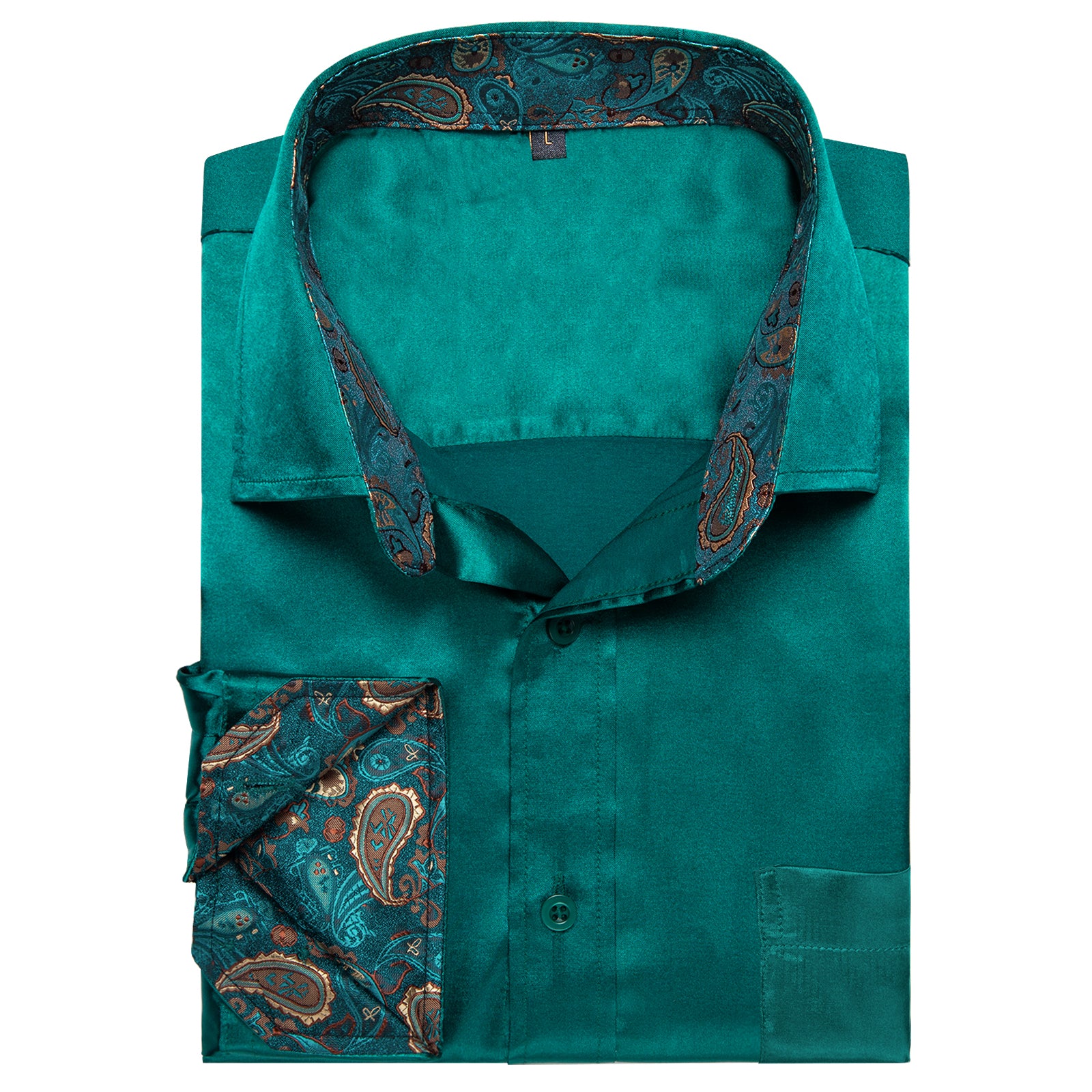 Splicing Style Green with Green Paisley Edge Men's Solid Long Sleeve Shirt