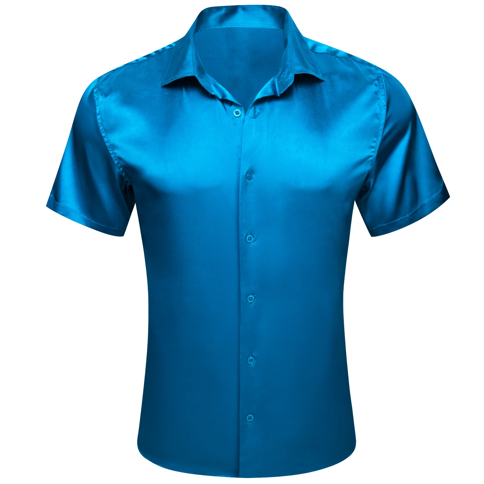 Blue Satin Solid Silk Men's Short Sleeve Shirt