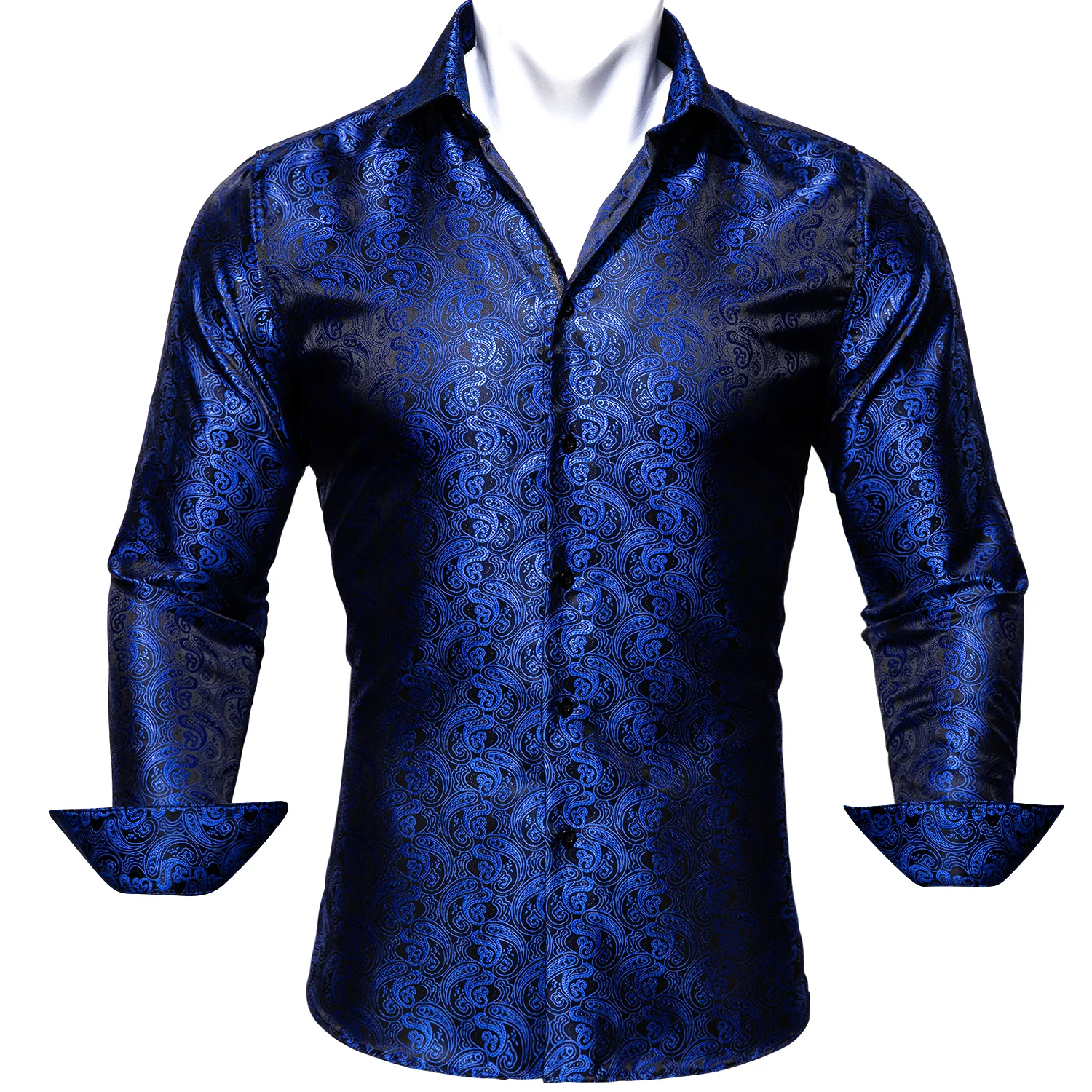 Black Blue Paisley Style Silk Men's Long Sleeve Shirt