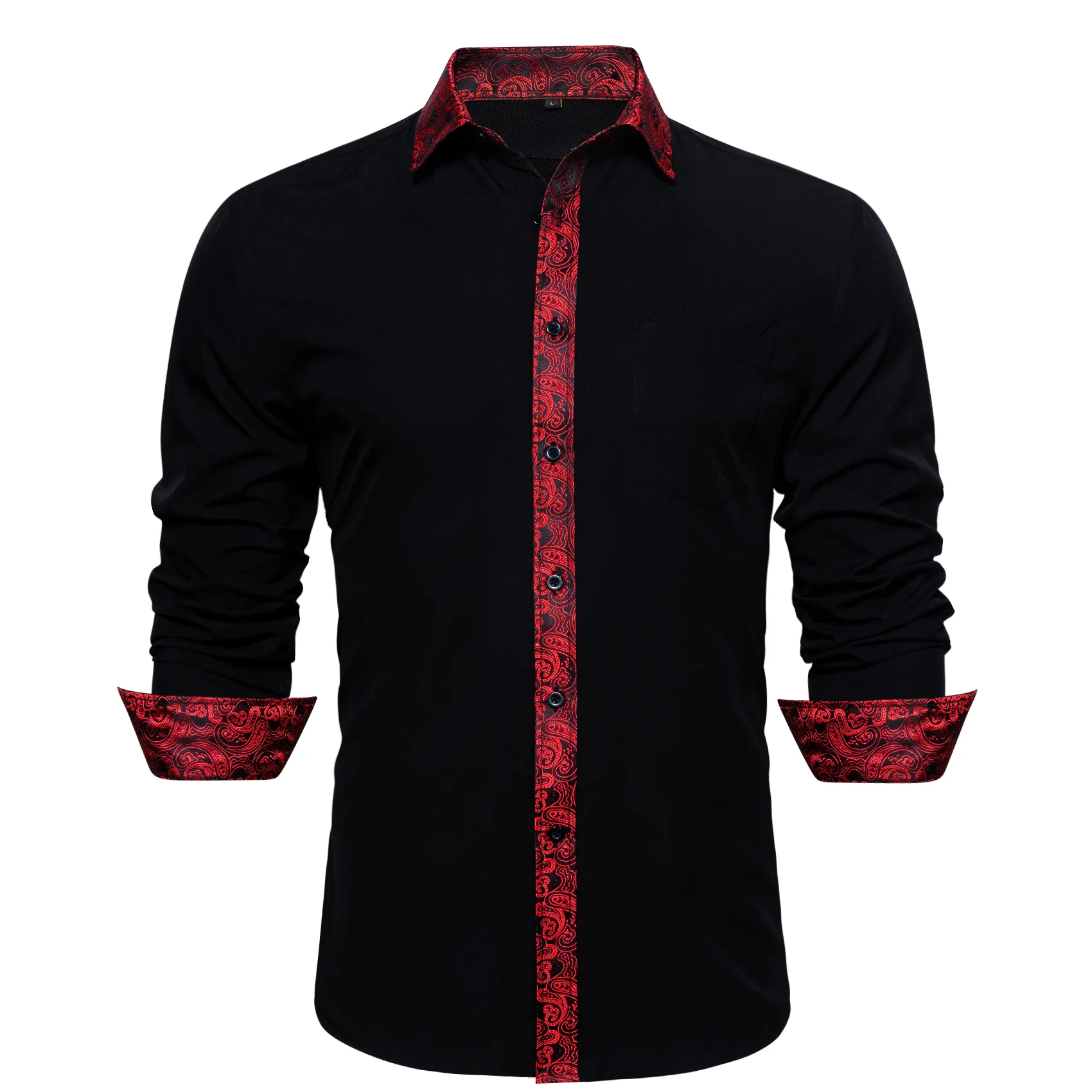 Splicing Style Black with Red Paisley Edge Men's Long Sleeve Shirt