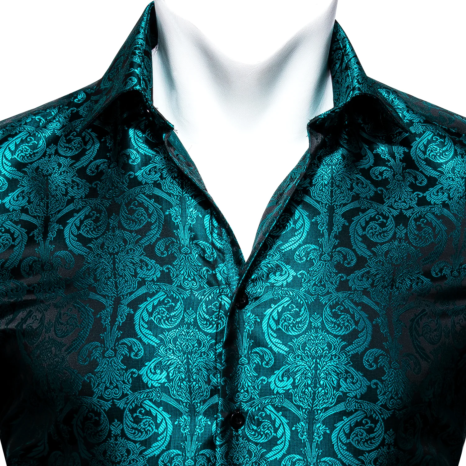 New Lake Blue Paisley Style Silk Men's Long Sleeve Shirt