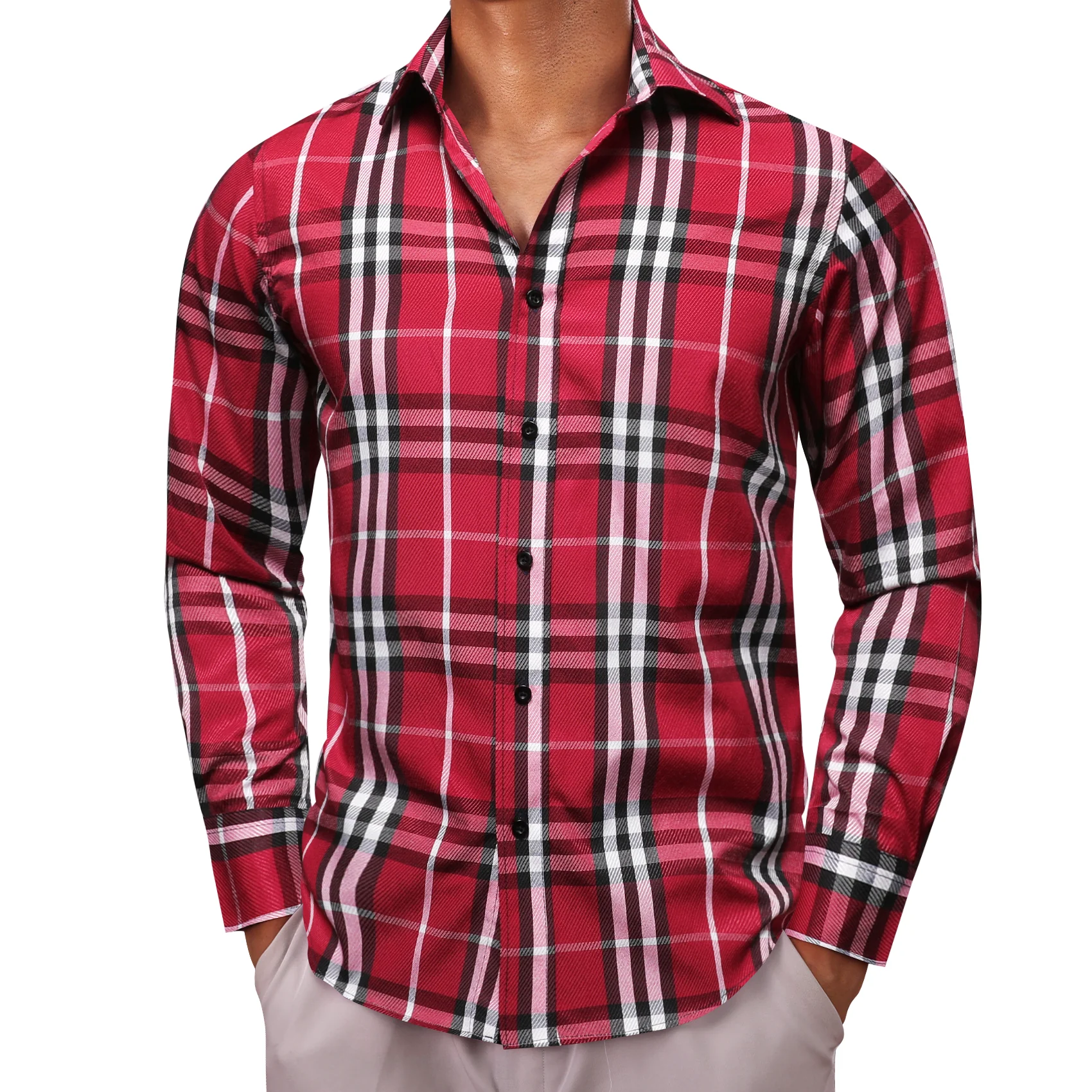 Red White Plaid Men's Long Sleeve Work Shirt