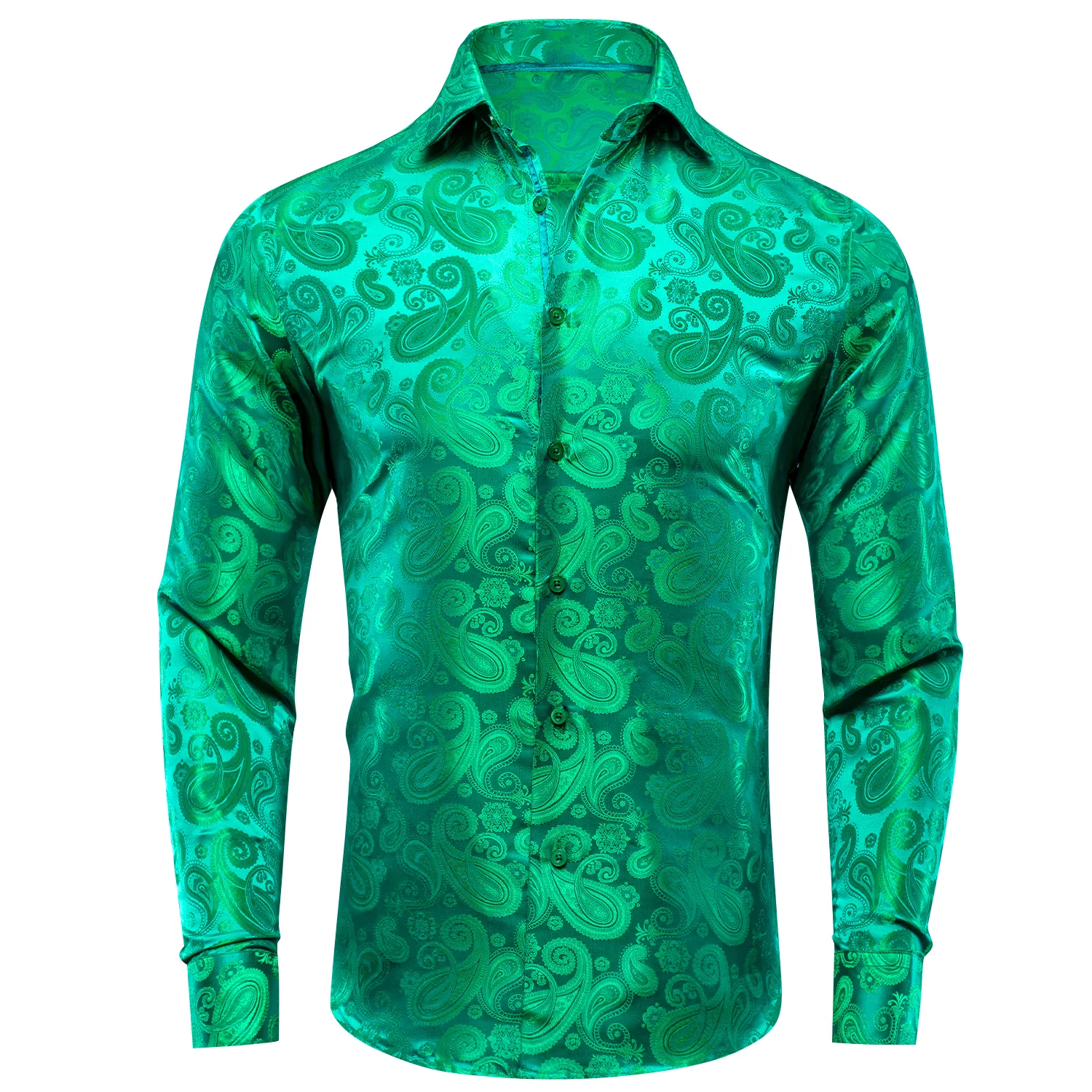 Green Paisley Pattern Silk Men's Long Sleeve Shirt