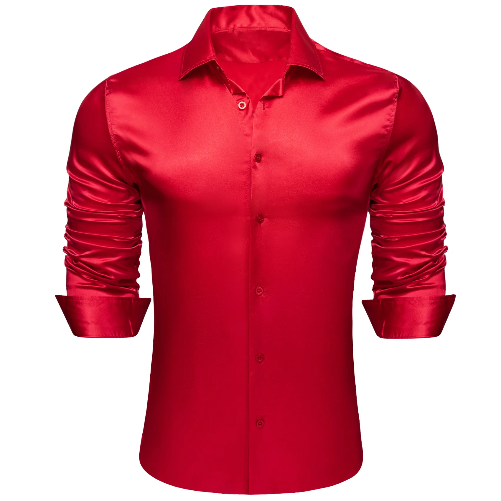 New Red Solid Satin Silk Men's Long Sleeve Shirt