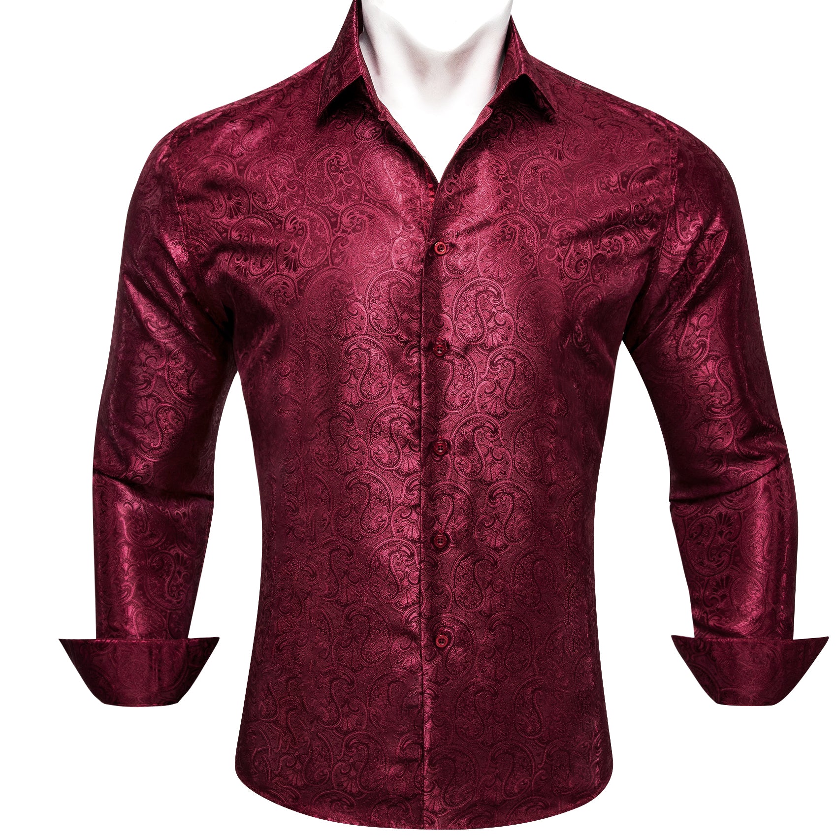 DarkRed Paisley Pattern Silk Men's Long Sleeve Shirt