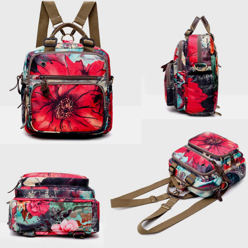 Multifunctional Waterproof Flower Printing Backpack Floral Diaper Bag Crossbody Bag