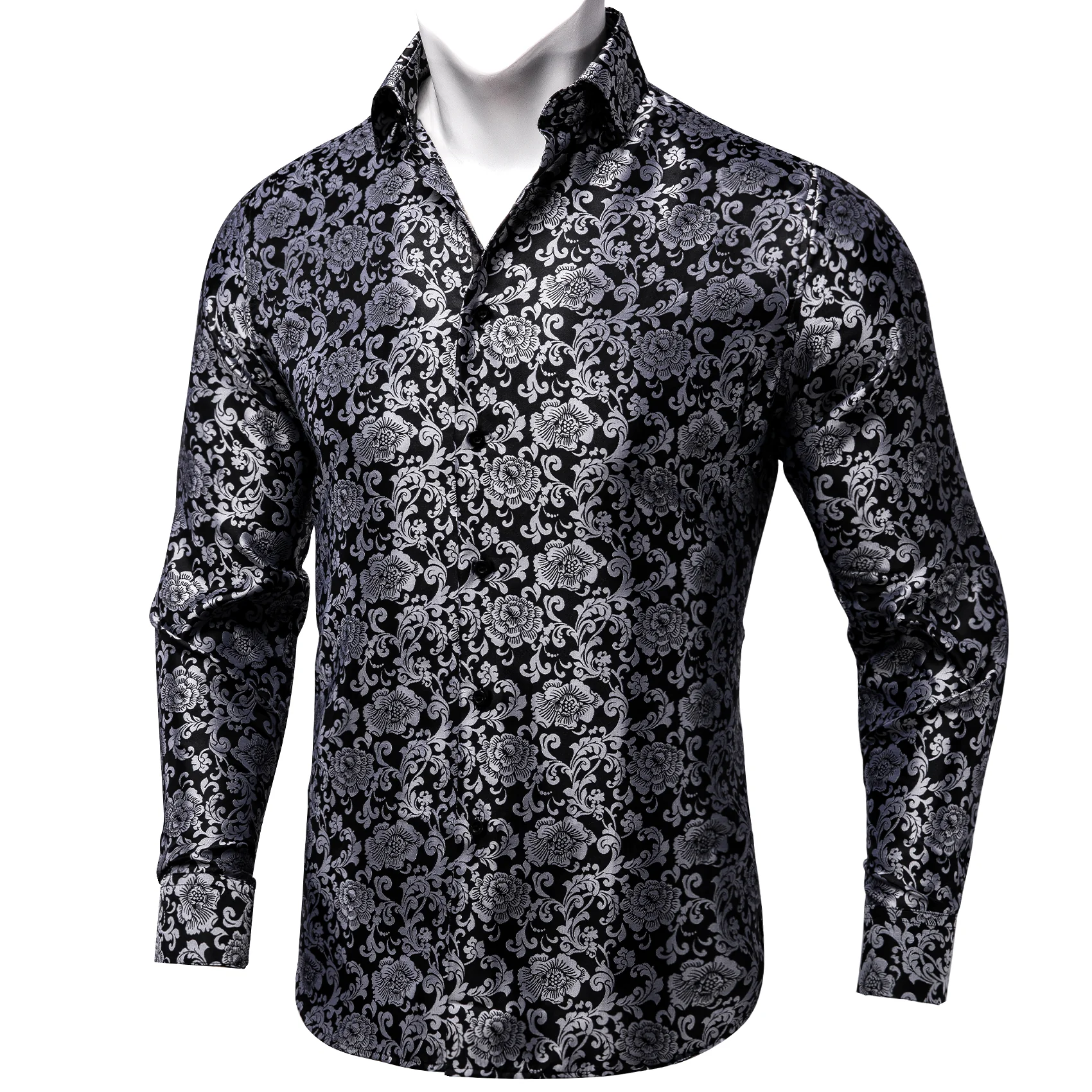 Black White Floral Silk Men's Long Sleeve Shirt
