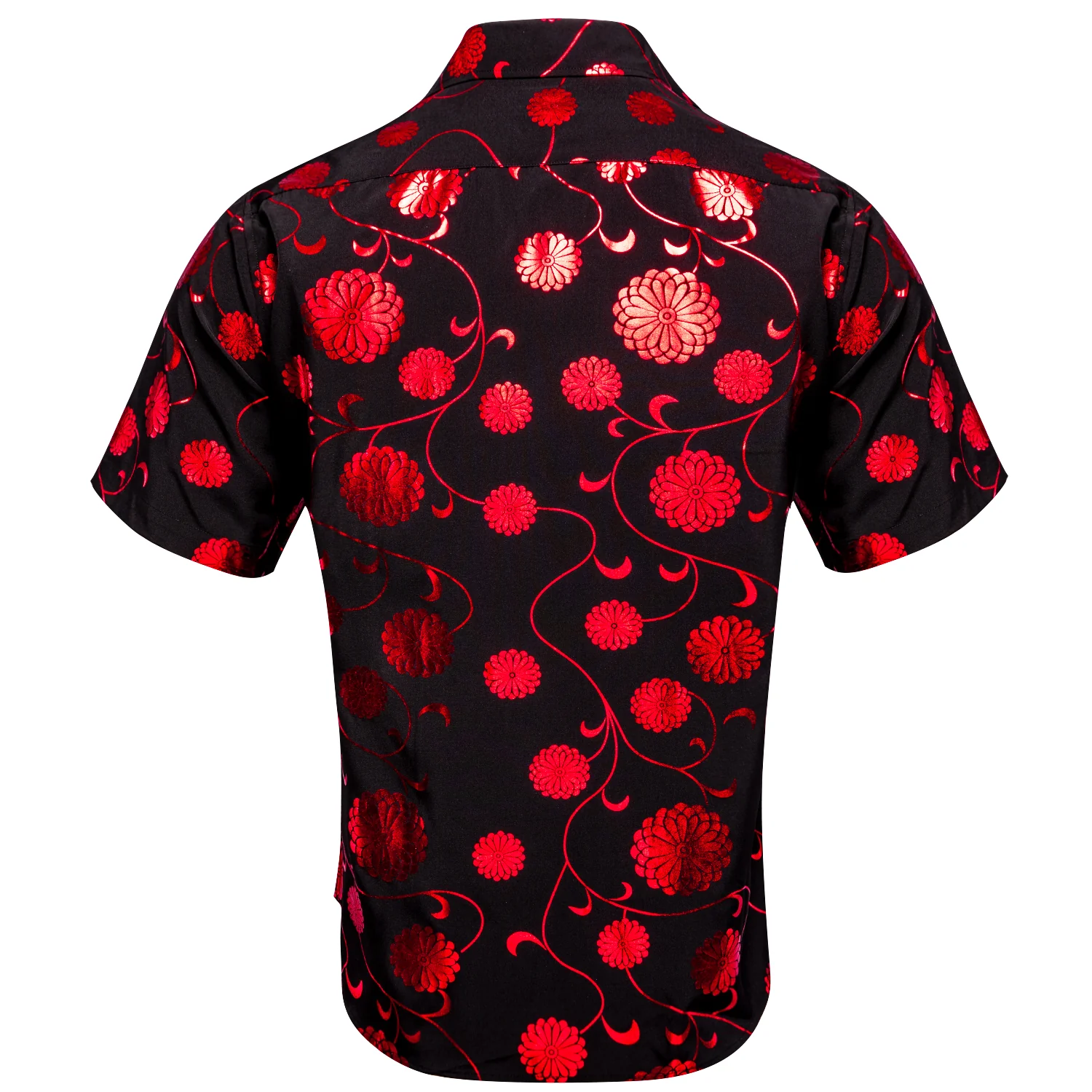 New Black Shirt with Red Chrysanthemum Floral Silk Men's Short Sleeve Shirt