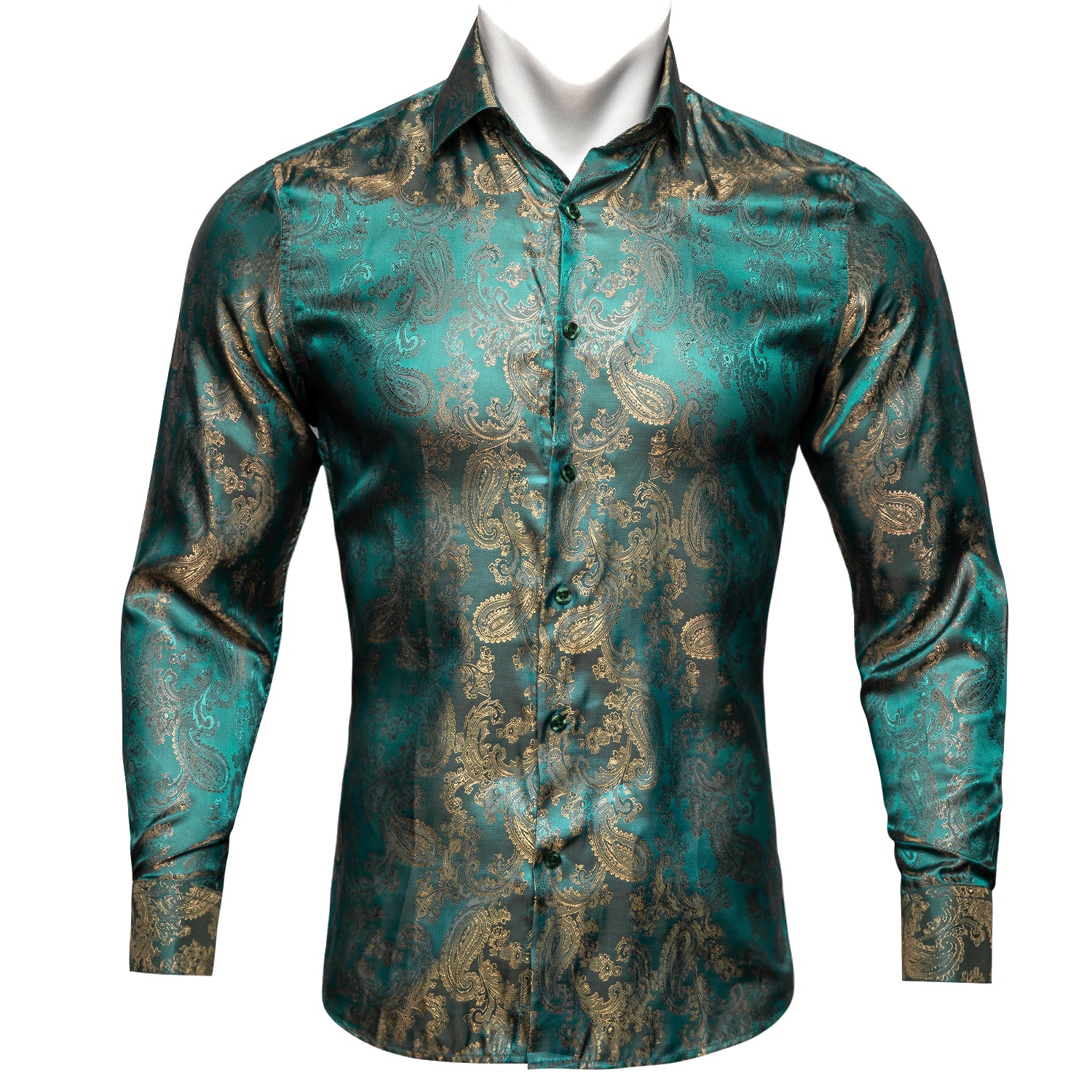 New Lake Blue Green Paisley Pattern Silk Men's Long Sleeve Shirt